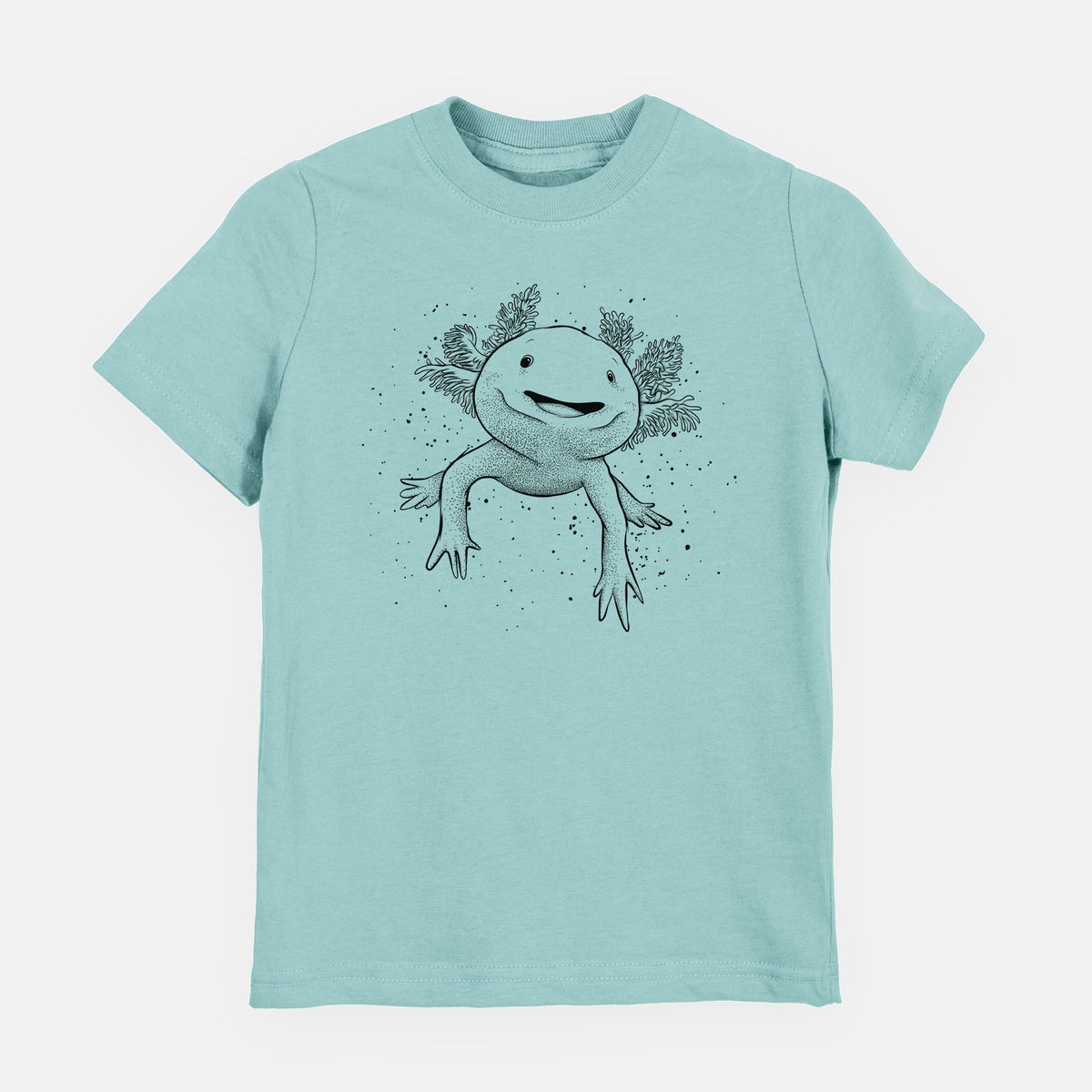 Saltwater youth t-shirt laid flat, printed with a black ink illustration of a smiling axolotl with feathery gills.