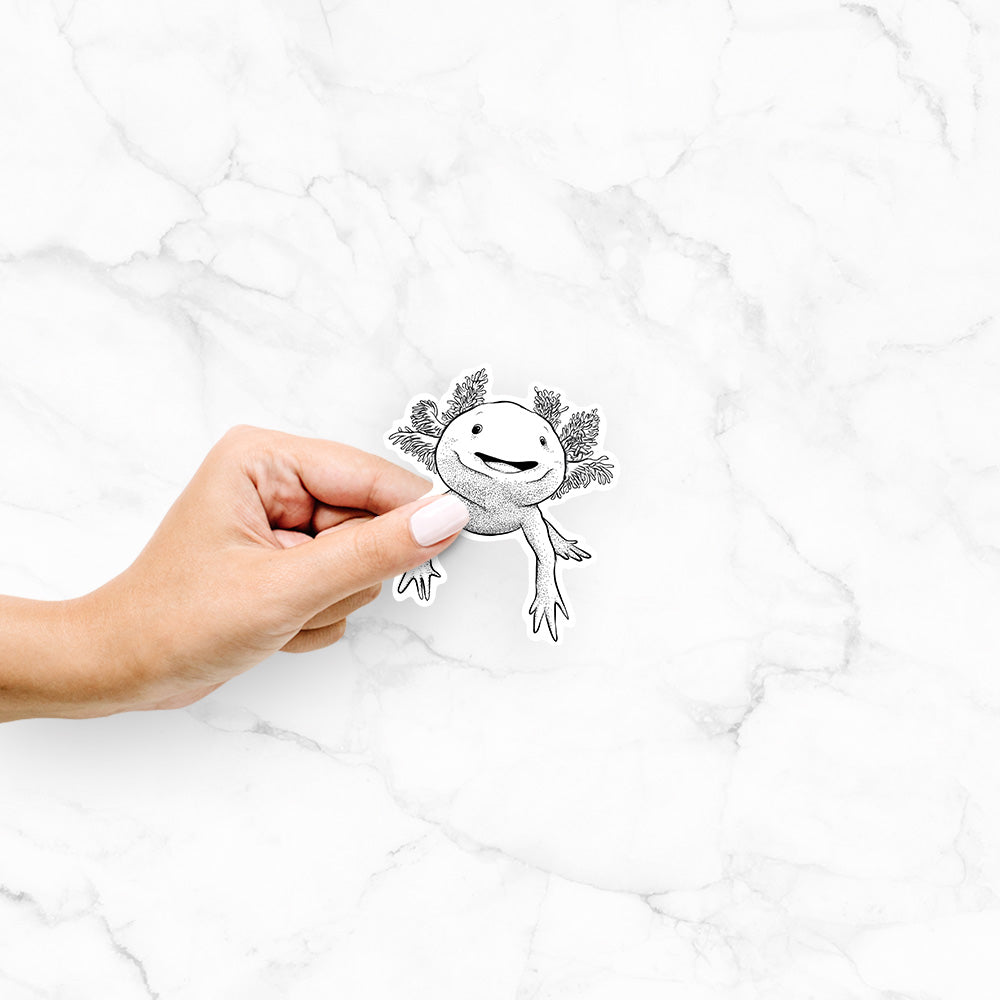 Hand holding a 4 inch vinyl decal of a black ink illustration of a smiling axolotl with feathery gills.