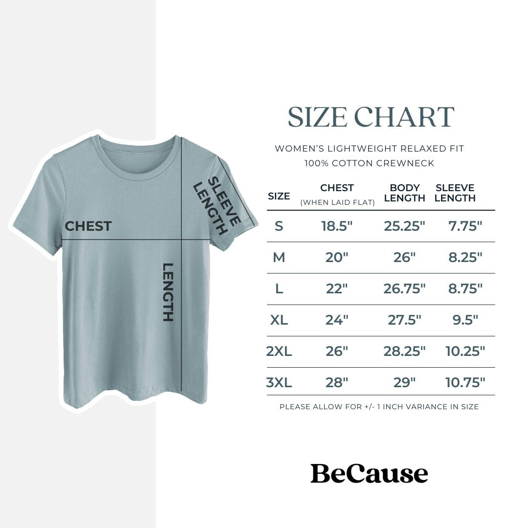 Women's lightweight relaxed fit 100% cotton crewneck size chart, chest measured when laid flat. Size Small, Chest 18.5" wide, Length 25.25", Sleeve length 7.75". Size Medium, Chest 20" wide, Length 26", Sleeve length 8.25". Size Large, Chest 22" wide, Length 26.75", Sleeve length 8.75". Size XL, Chest 24" wide, Length 27.5", Sleeve length 9.5". Size 2XL, Chest 26" wide, Length 28.25", Sleeve length 10.25". Size 3XL, Chest 28" wide, Length 29", Sleeve length 10.75". Allow +/- 1" variance.