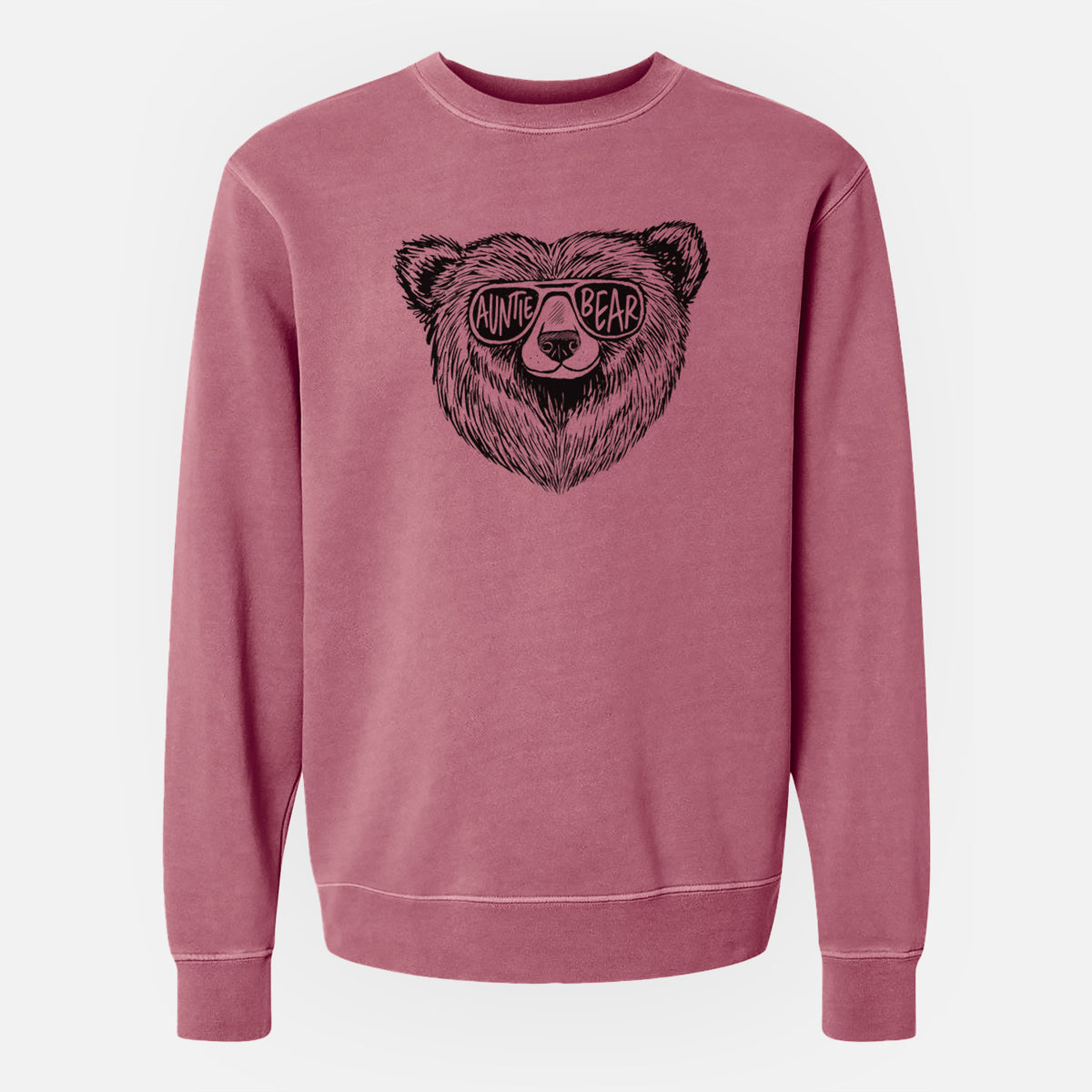 Maroon pigment dyed crewneck sweatshirt laid flat, printed with a black ink bear's face wearing sunglasses that read Auntie Bear.