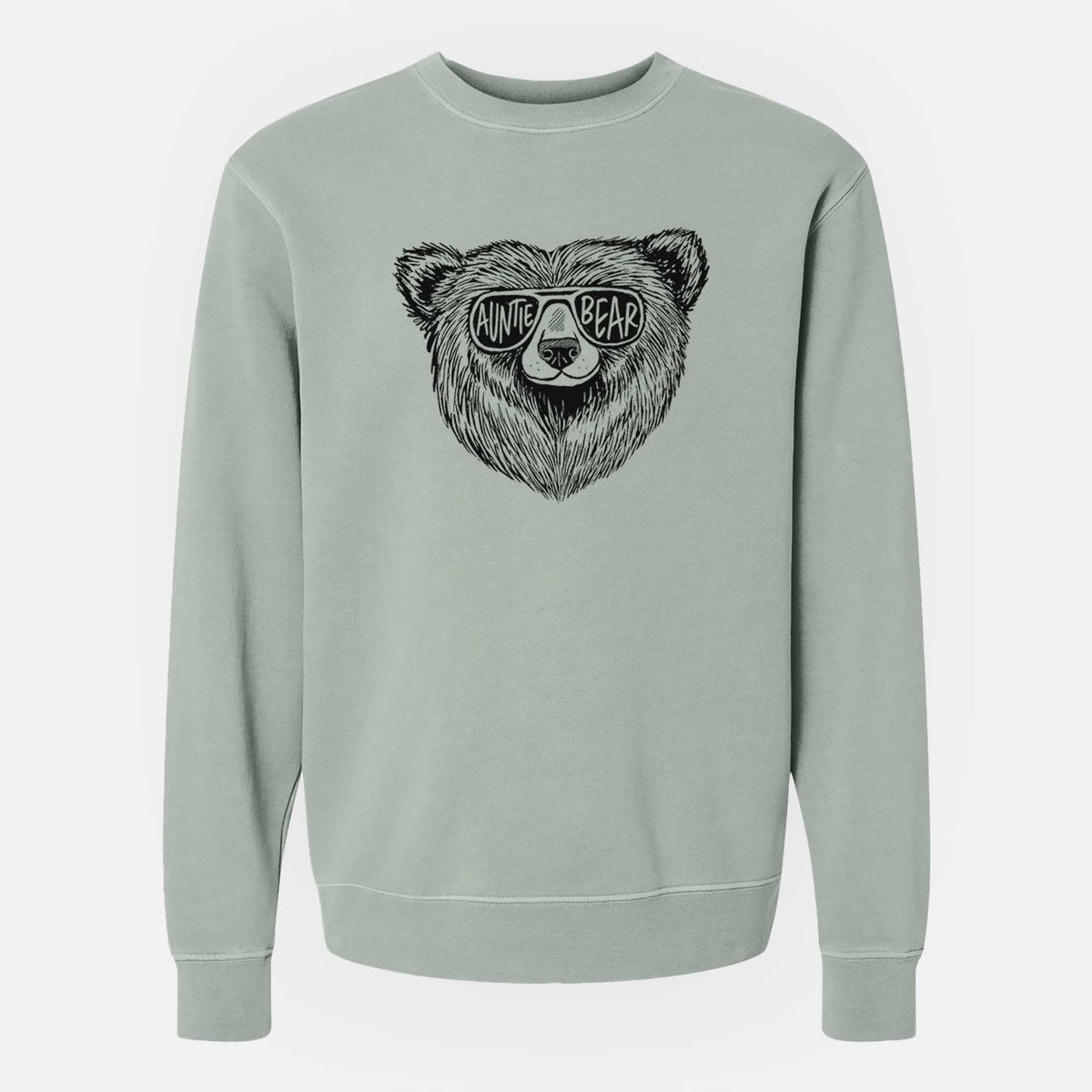 Sage green pigment dyed crewneck sweatshirt laid flat, printed with a black ink bear's face wearing sunglasses that read Auntie Bear.