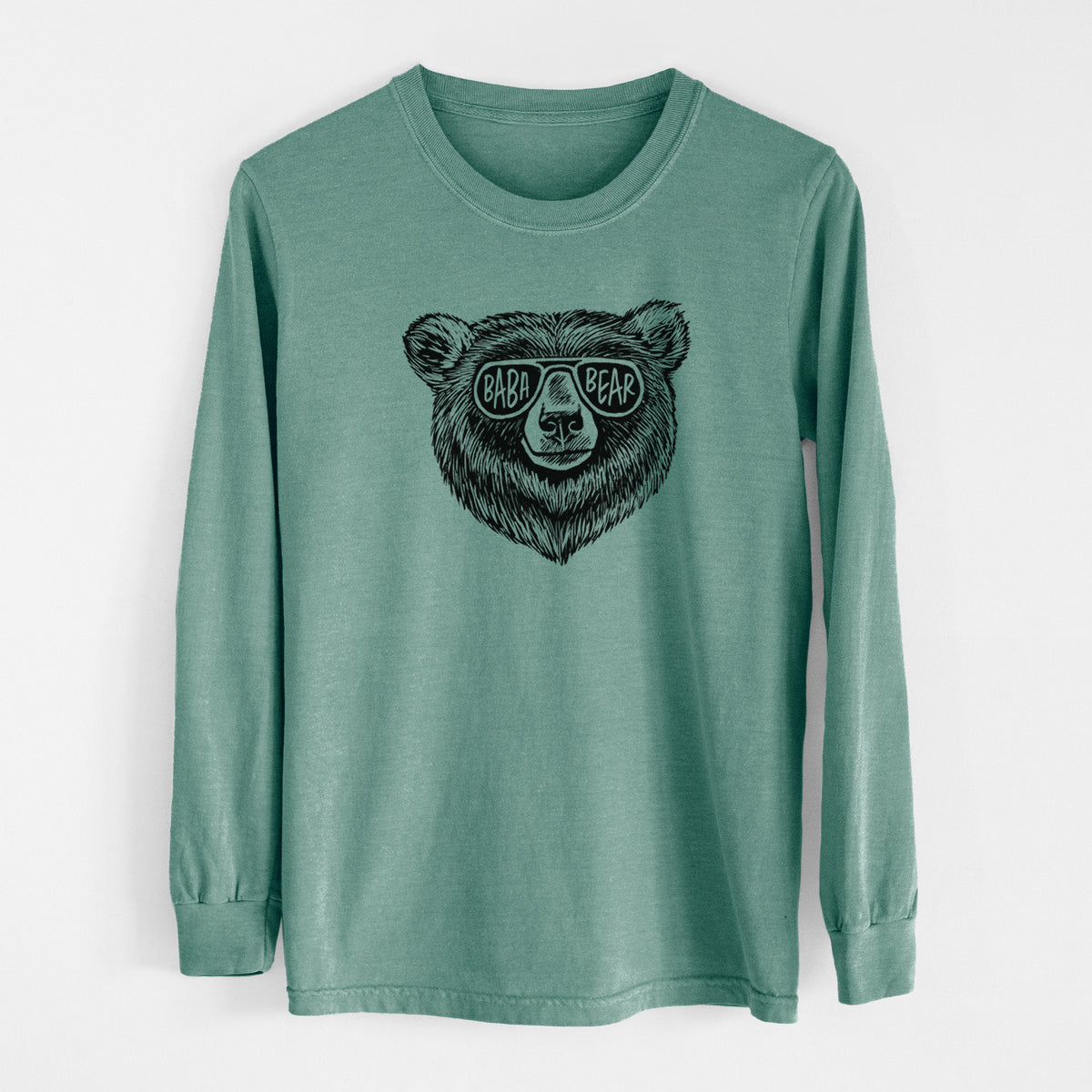 Pine green Comfort Colors long sleeve shirt laid flat, printed with a black ink bear's face wearing sunglasses that read Baba Bear.