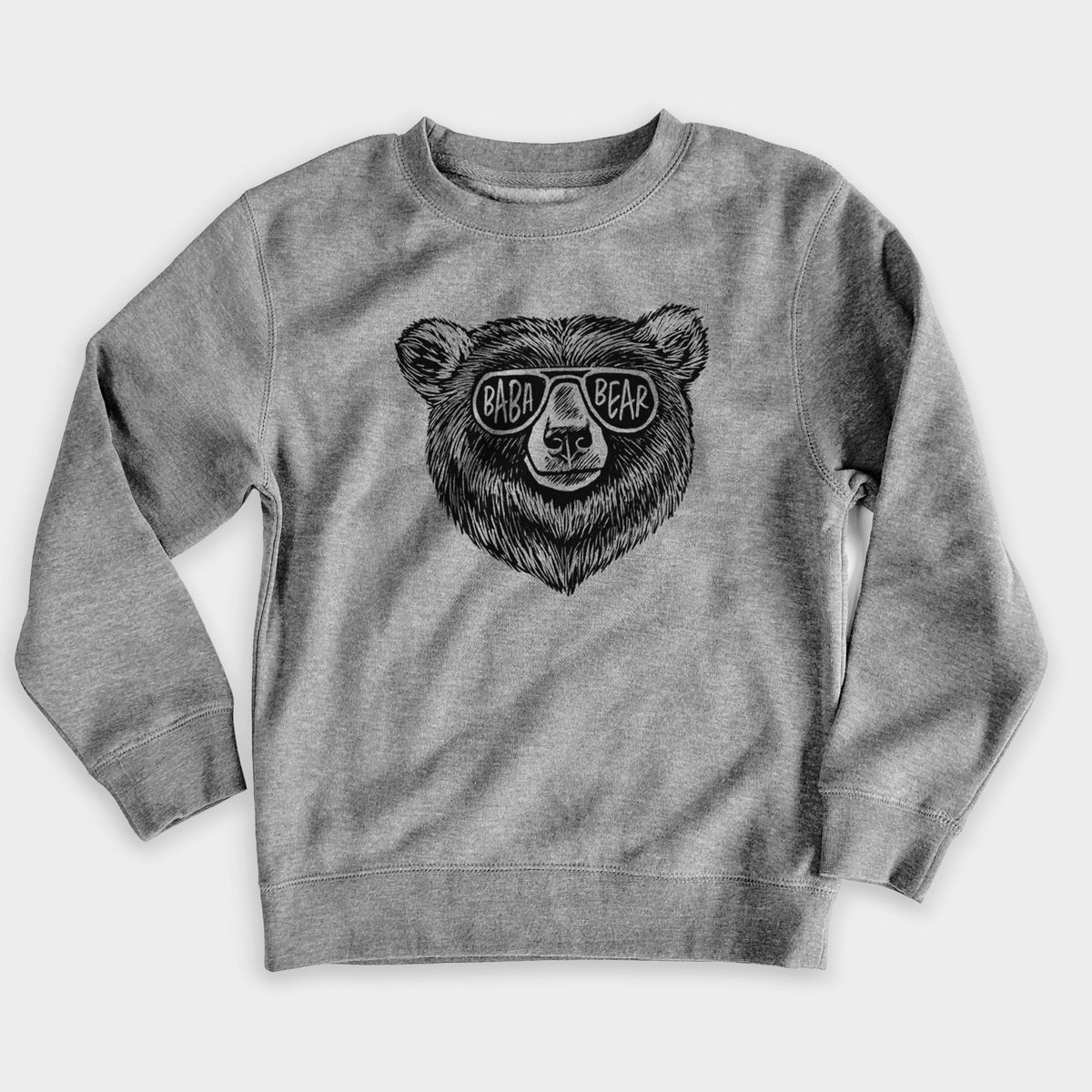 Nickel grey youth crewneck sweatshirt laid flat, printed with a black ink bear's face wearing sunglasses that read Baba Bear.