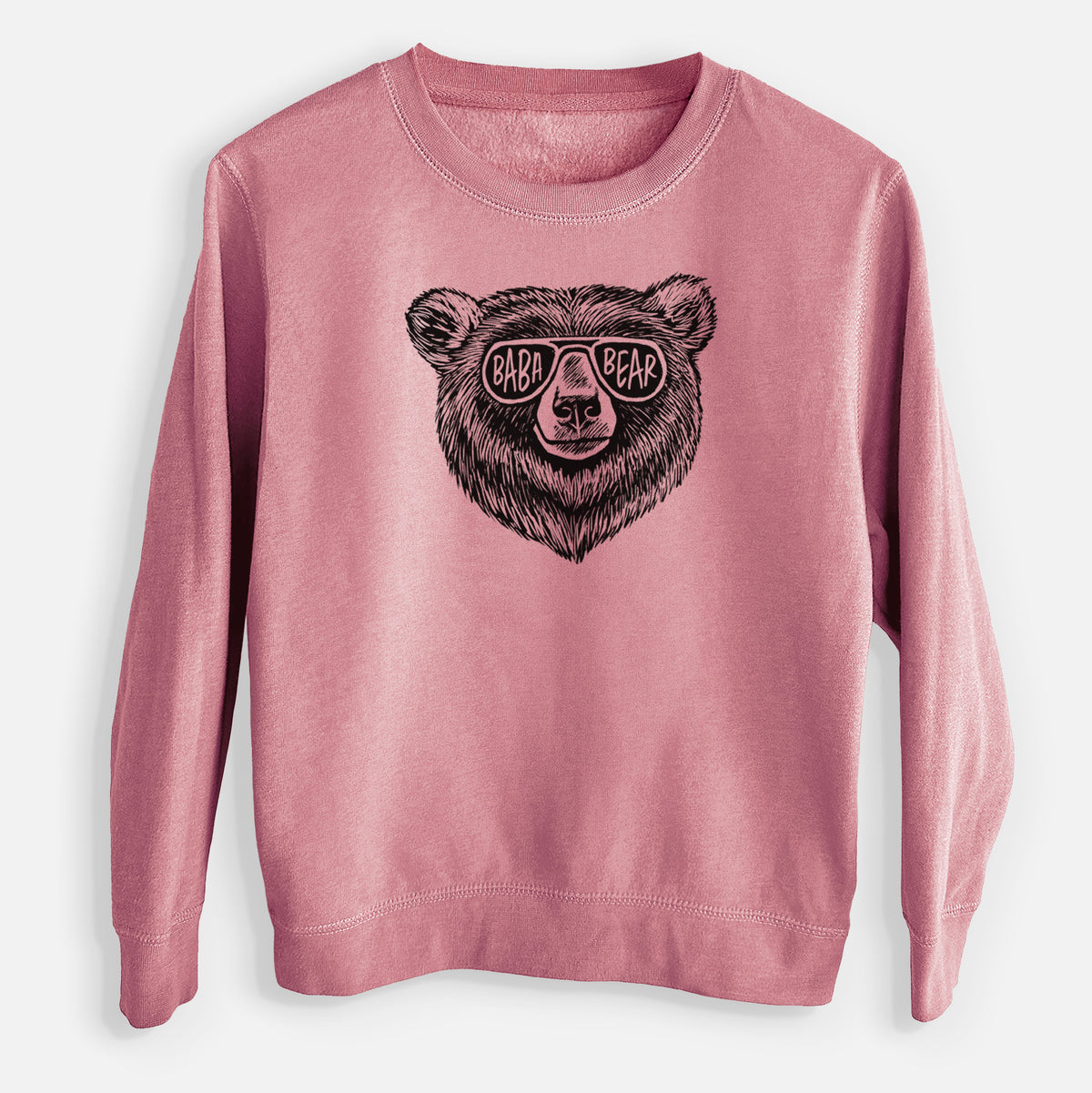 Mauve pink youth crewneck sweatshirt laid flat, printed with a black ink bear's face wearing sunglasses that read Baba Bear.