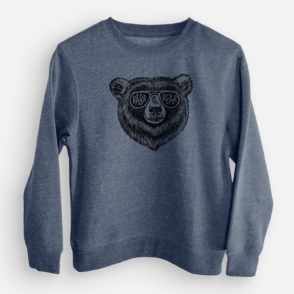 Storm blue youth crewneck sweatshirt laid flat, printed with a black ink bear's face wearing sunglasses that read Baba Bear.
