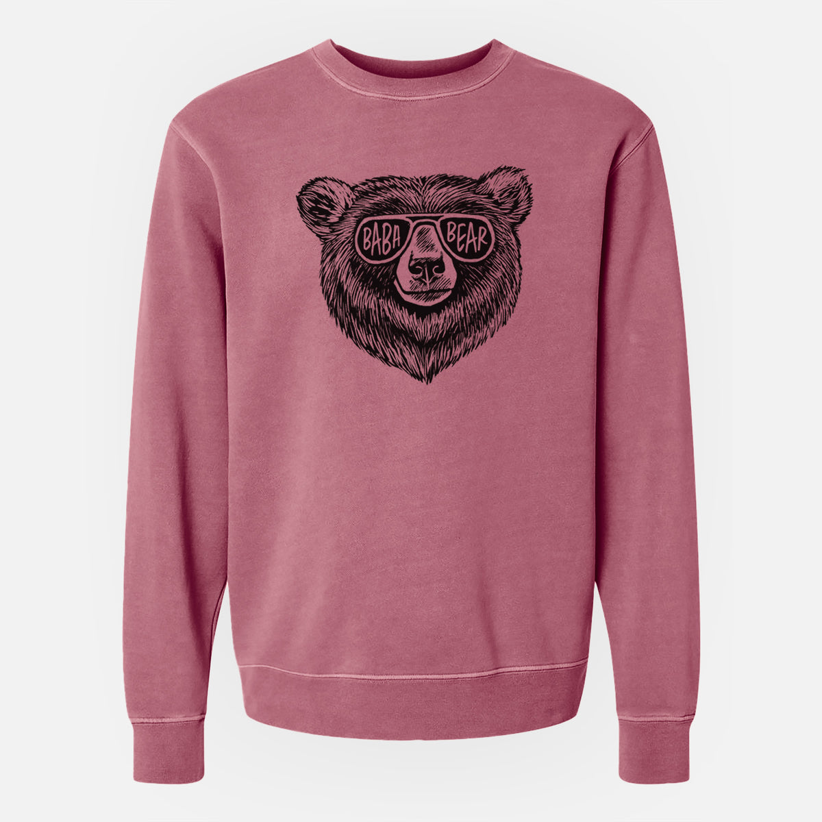 Maroon pigment dyed crewneck sweatshirt laid flat, printed with a black ink bear's face wearing sunglasses that read Baba Bear.