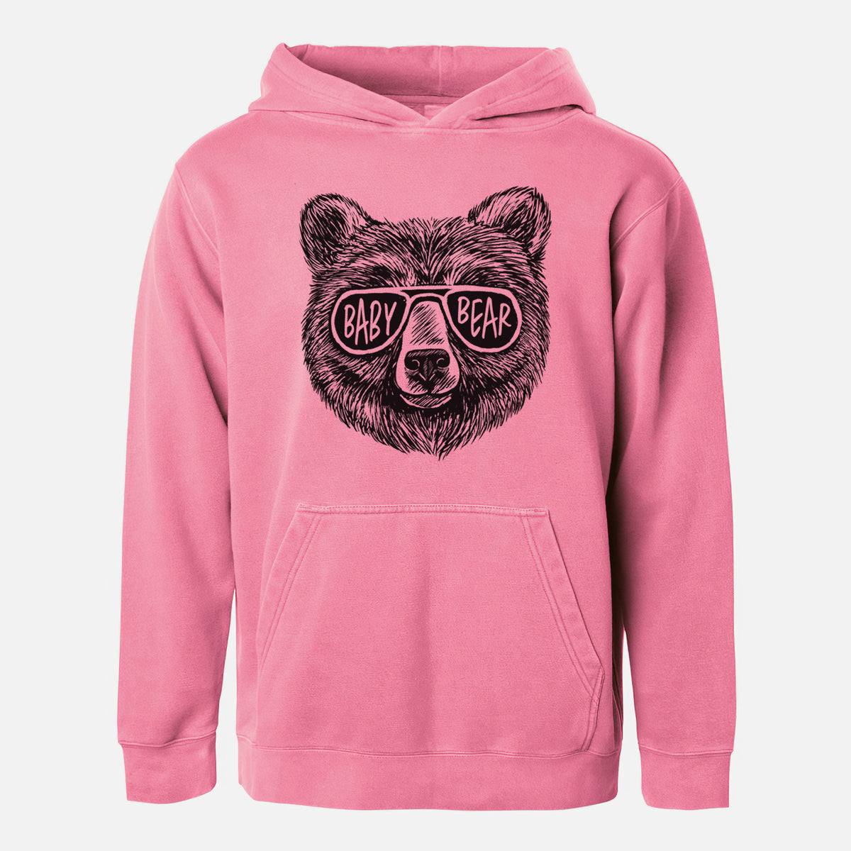 Pigment pink youth pigment dyed hoodie laid flat, printed with a black ink bear's face wearing sunglasses that read Baby Bear.