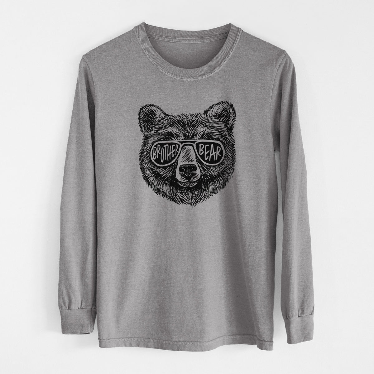 Grey Comfort Colors long sleeve shirt laid flat, printed with a black ink bear's face wearing sunglasses that read Brother Bear.