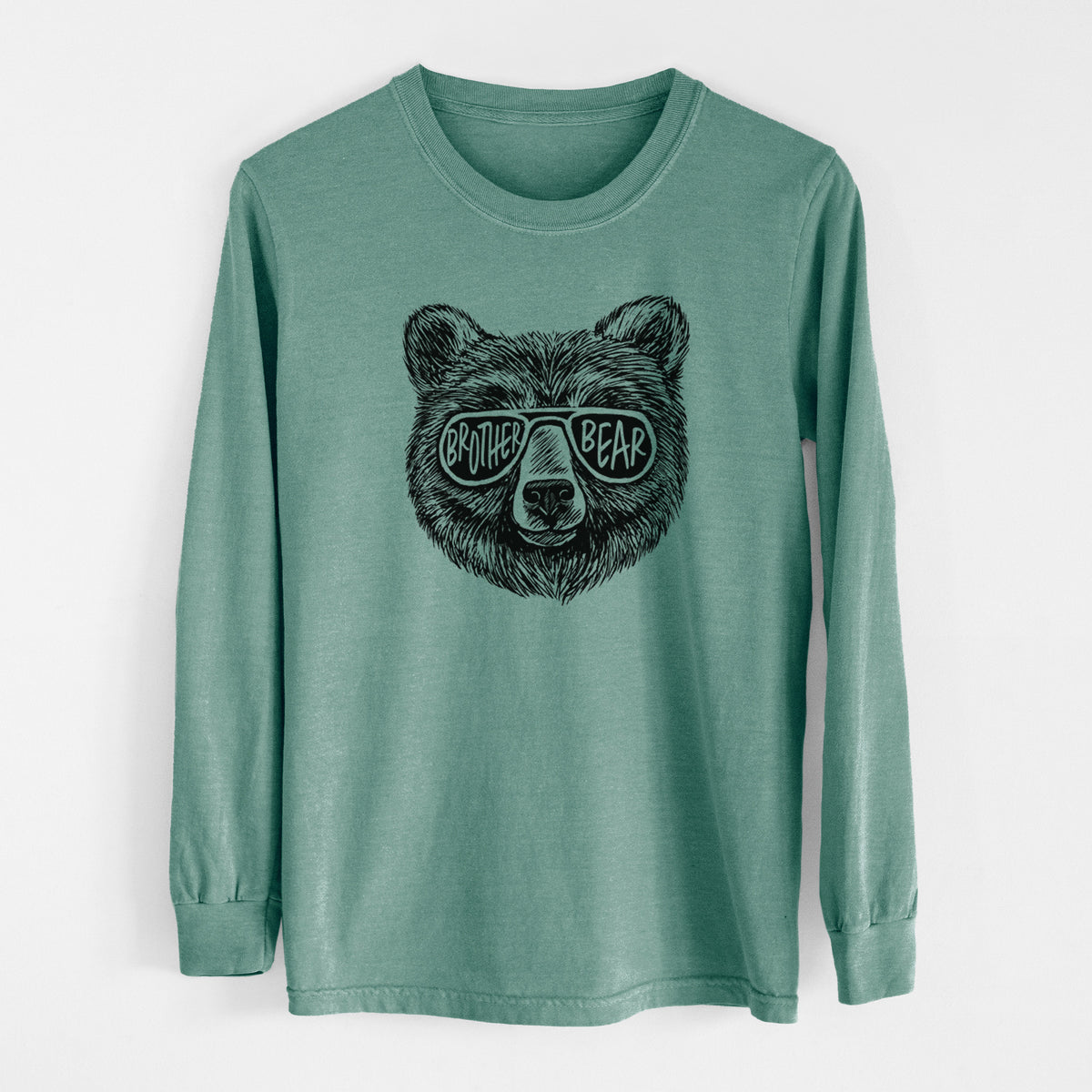 Pine green Comfort Colors long sleeve shirt laid flat, printed with a black ink bear's face wearing sunglasses that read Brother Bear.