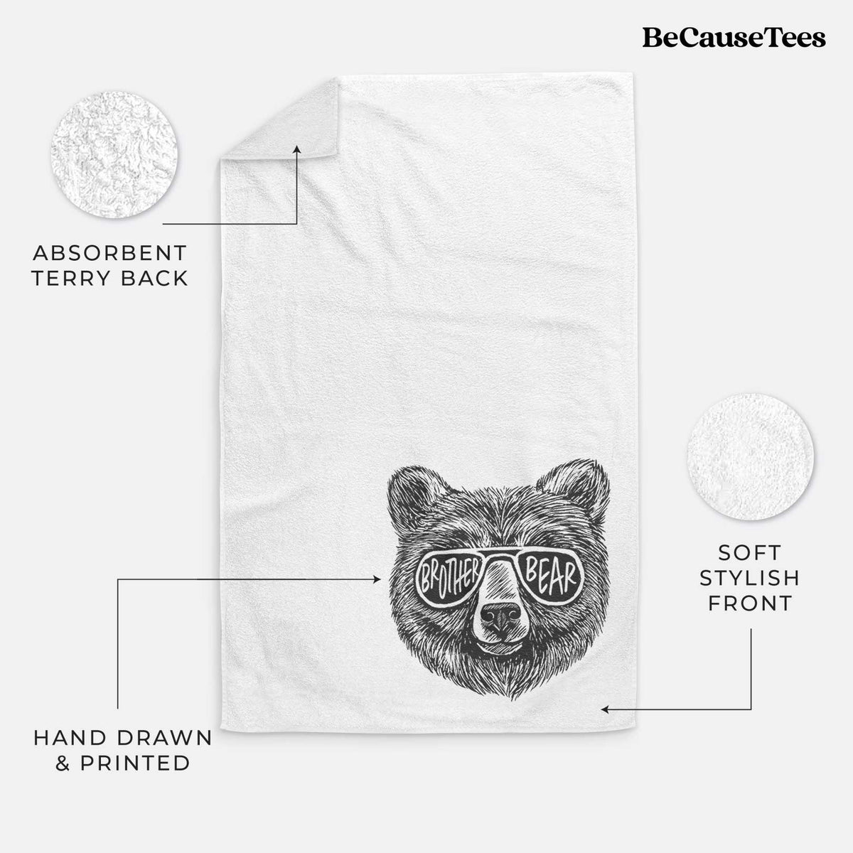 White hand towel printed with a black ink bear's face wearing sunglasses that read Brother Bear.