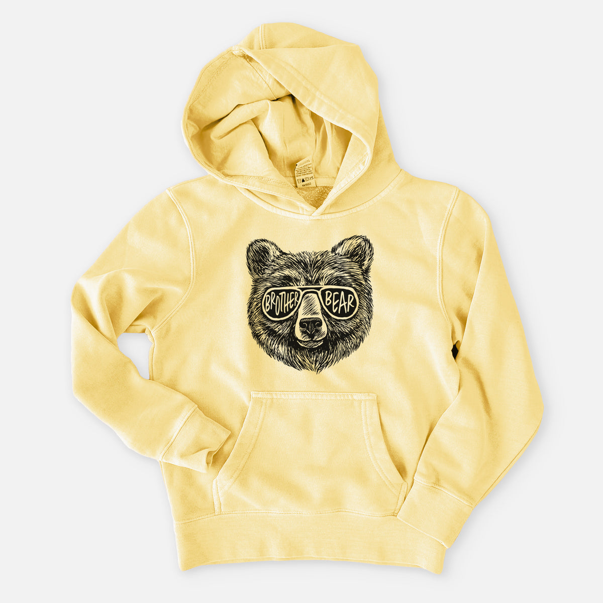 Pigment yellow youth pigment dyed hoodie laid flat, printed with a black ink bear's face wearing sunglasses that read Brother Bear.