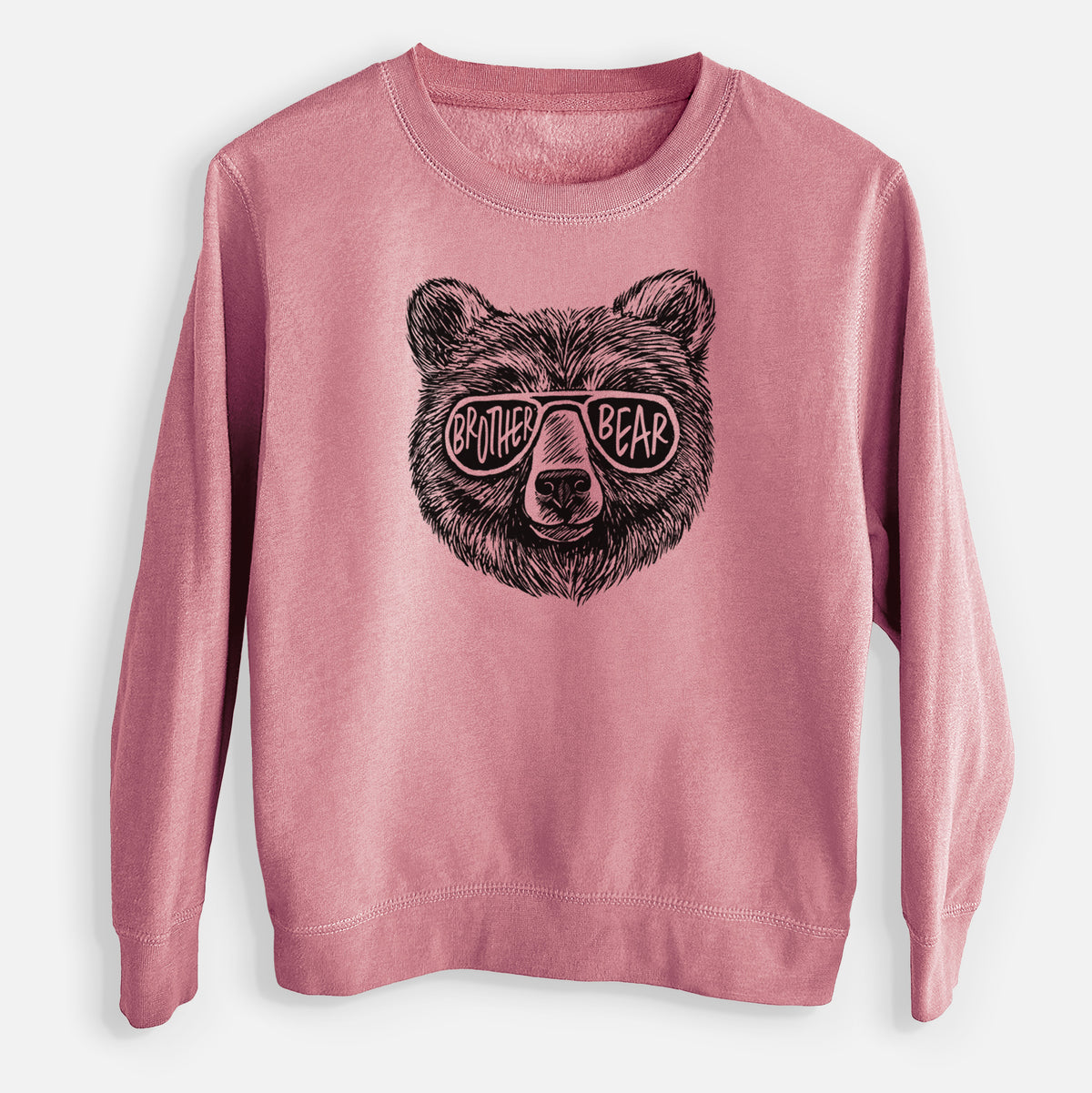 Mauve pink youth crewneck sweatshirt laid flat, printed with a black ink bear's face wearing sunglasses that read Brother Bear.