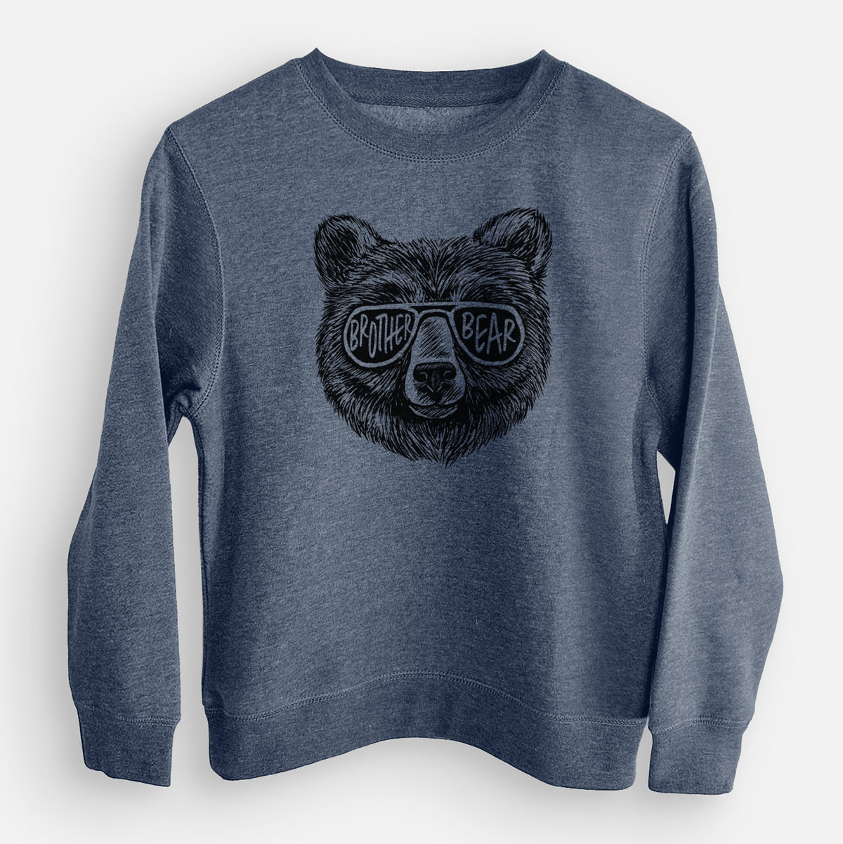 Storm blue youth crewneck sweatshirt laid flat, printed with a black ink bear's face wearing sunglasses that read Brother Bear.
