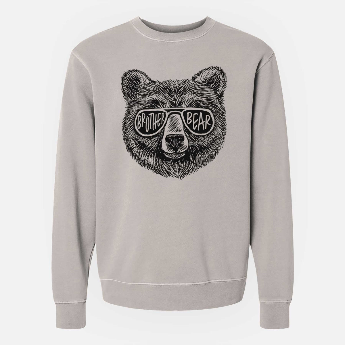 Cement grey pigment dyed crewneck sweatshirt laid flat, printed with a black ink bear's face wearing sunglasses that read Brother Bear.