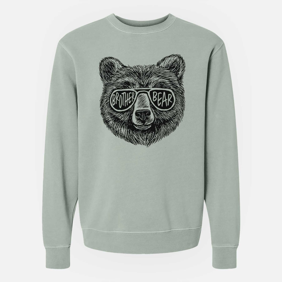 Sage green pigment dyed crewneck sweatshirt laid flat, printed with a black ink bear's face wearing sunglasses that read Brother Bear.
