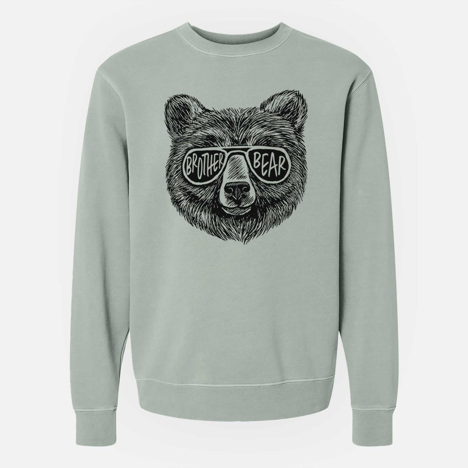 Sage green pigment dyed crewneck sweatshirt laid flat, printed with a black ink bear's face wearing sunglasses that read Brother Bear.