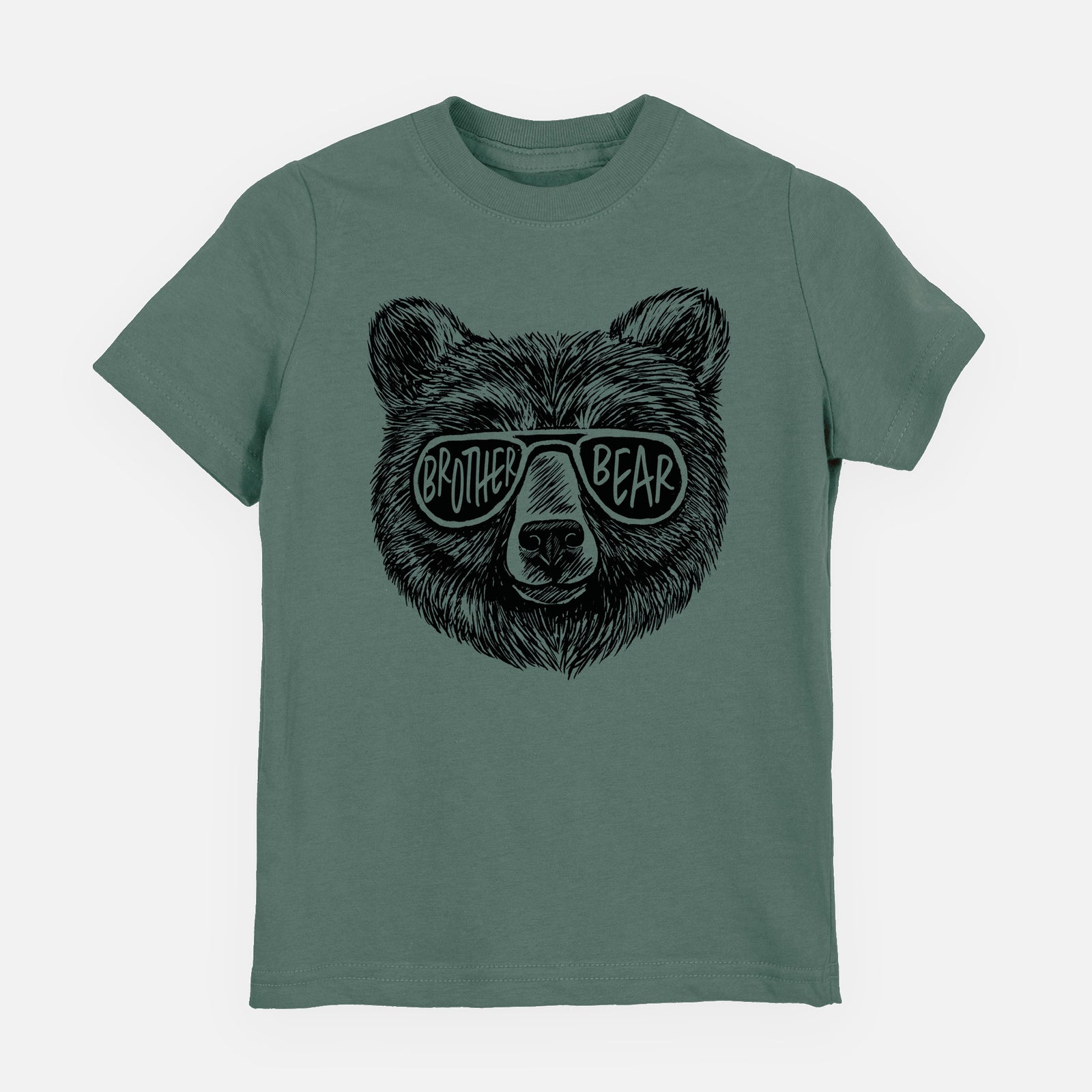 Basil green youth t-shirt laid flat, printed with a black ink bear's face wearing sunglasses that read Brother Bear.