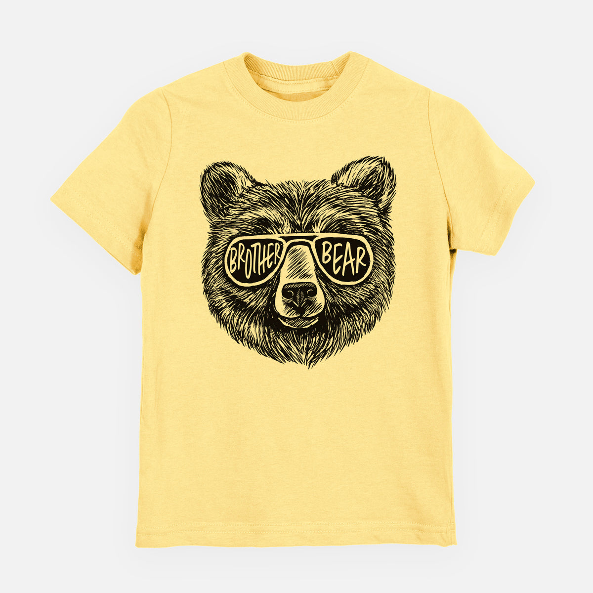 Butter yellow youth t-shirt laid flat, printed with a black ink bear's face wearing sunglasses that read Brother Bear.
