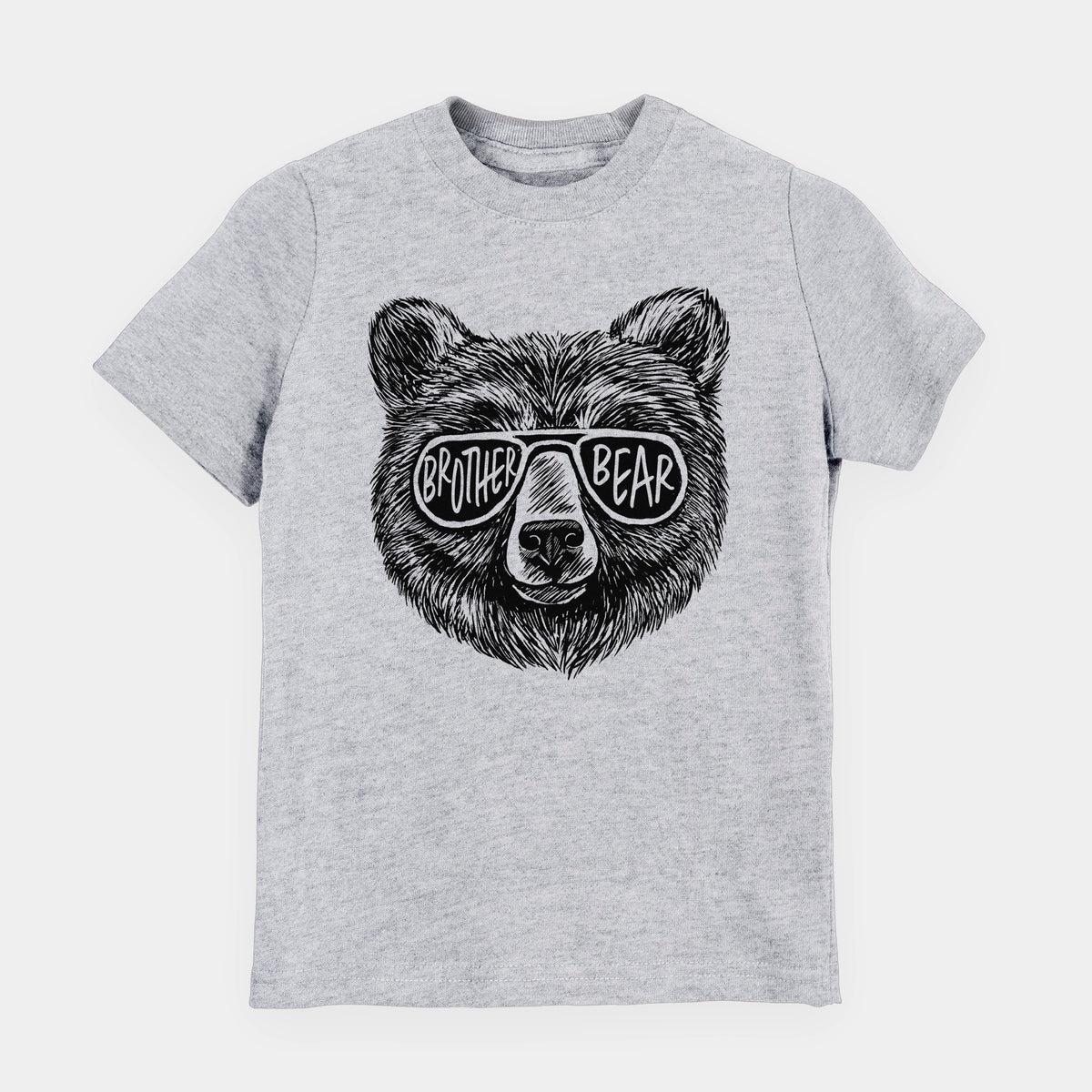 Heather grey youth t-shirt laid flat, printed with a black ink bear's face wearing sunglasses that read Brother Bear.