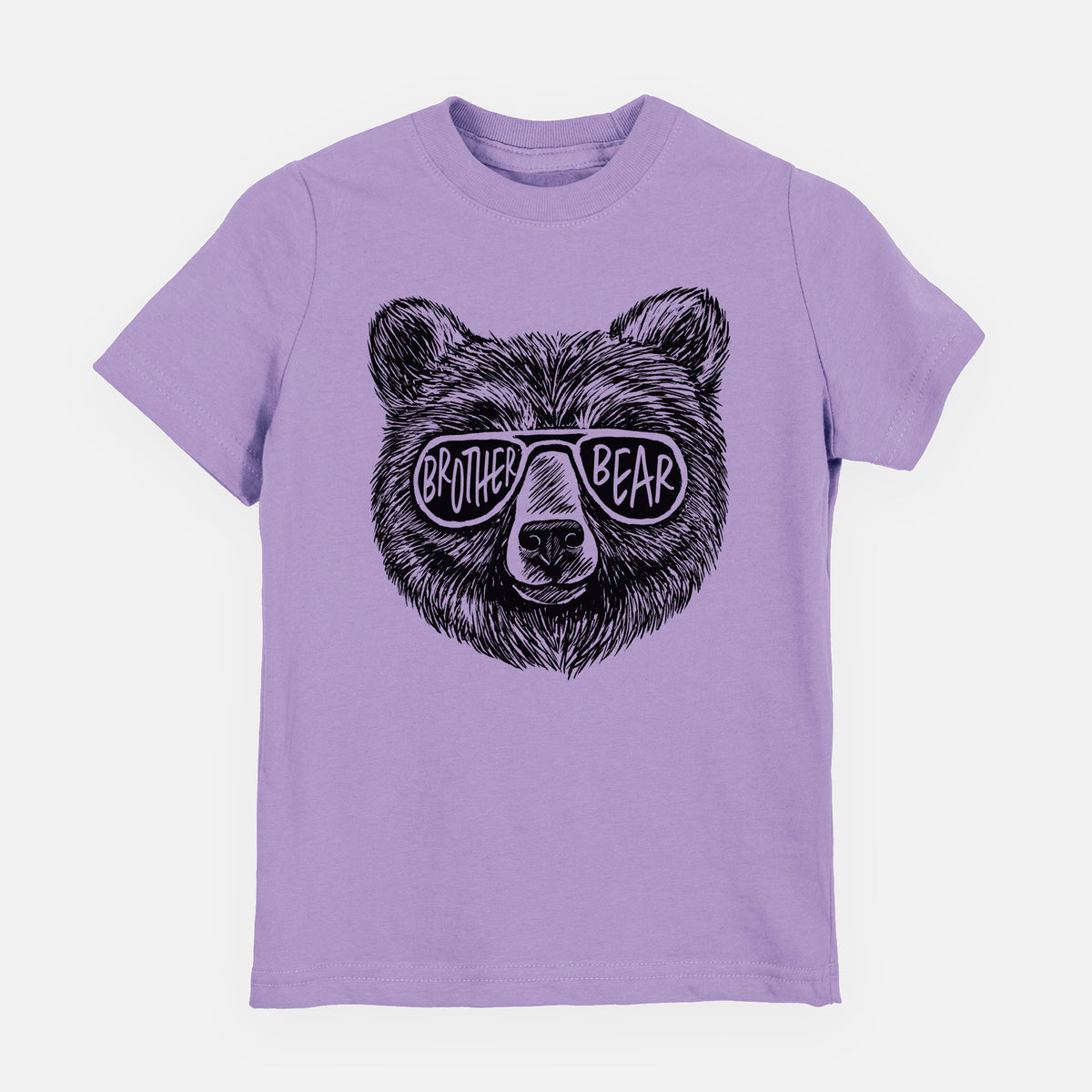 Lavender youth t-shirt laid flat, printed with a black ink bear's face wearing sunglasses that read Brother Bear.