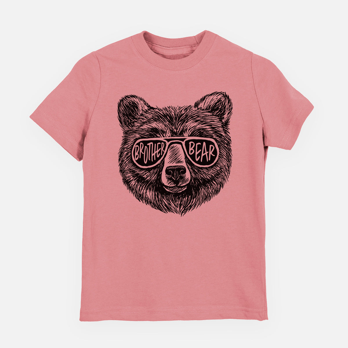 Mauve pink youth t-shirt laid flat, printed with a black ink bear's face wearing sunglasses that read Brother Bear.