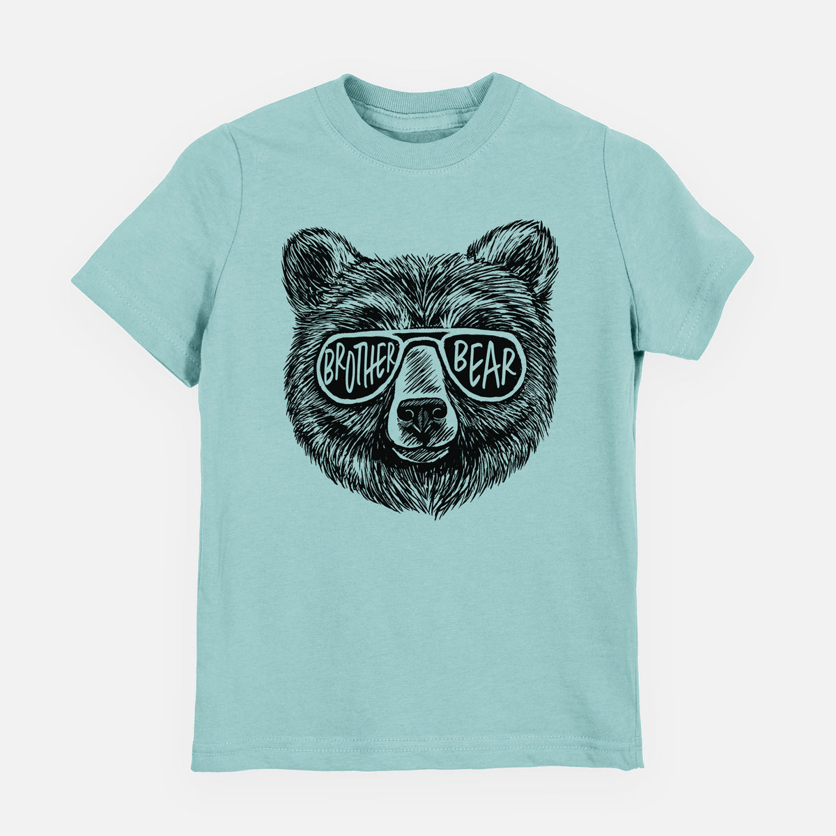 Saltwater youth t-shirt laid flat, printed with a black ink bear's face wearing sunglasses that read Brother Bear.