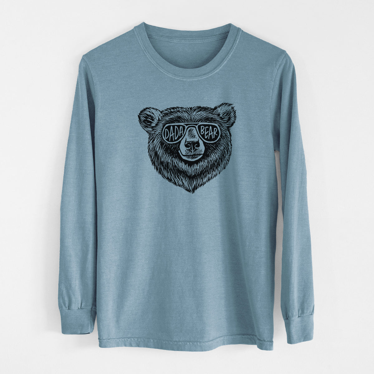 Steel blue Comfort Colors long sleeve shirt laid flat, printed with a black ink bear's face wearing sunglasses that read Dada Bear.