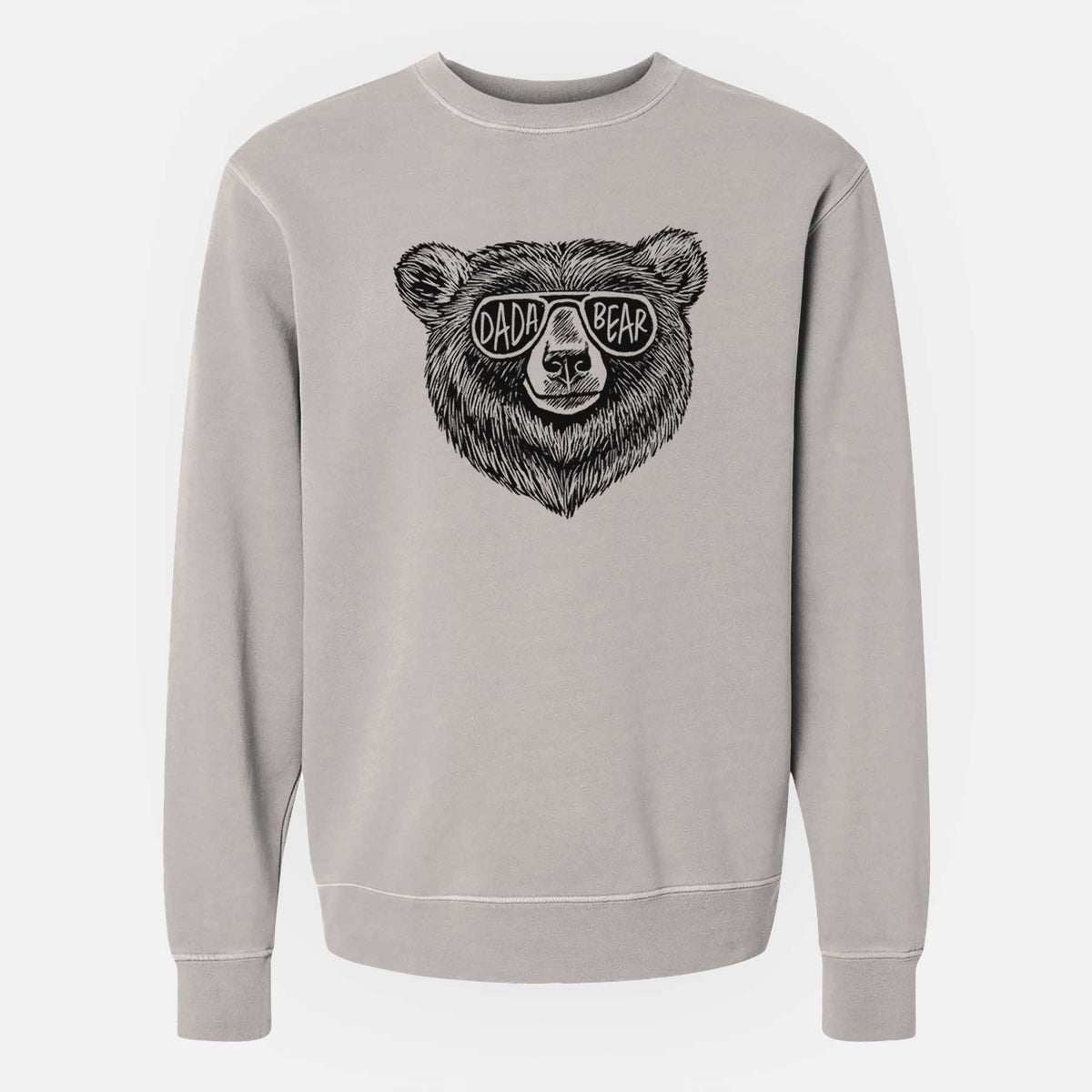 Cement grey pigment dyed crewneck sweatshirt laid flat, printed with a black ink bear's face wearing sunglasses that read Dada Bear.