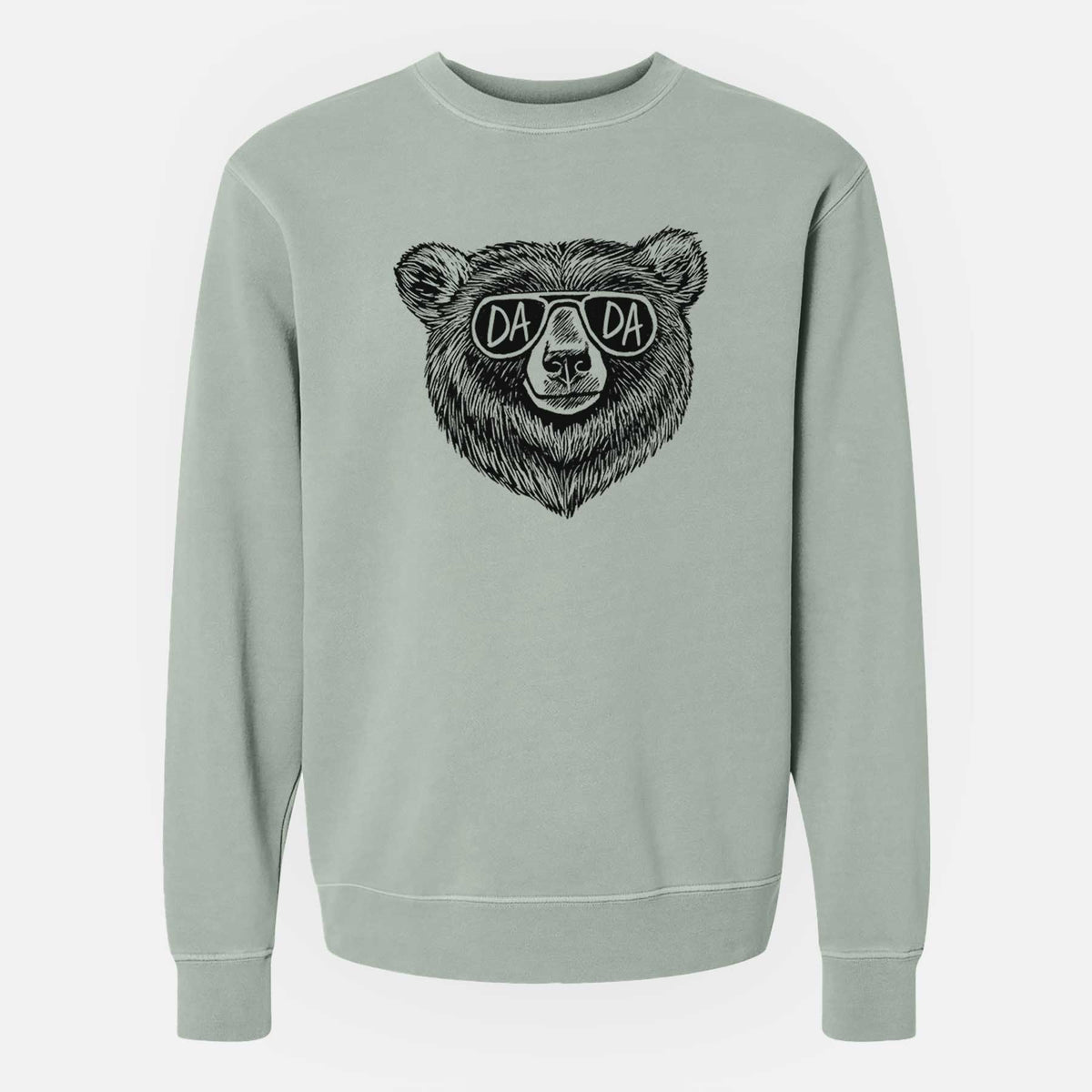 Sage green pigment dyed crewneck sweatshirt laid flat, printed with a black ink bear's face wearing sunglasses that read Dada.