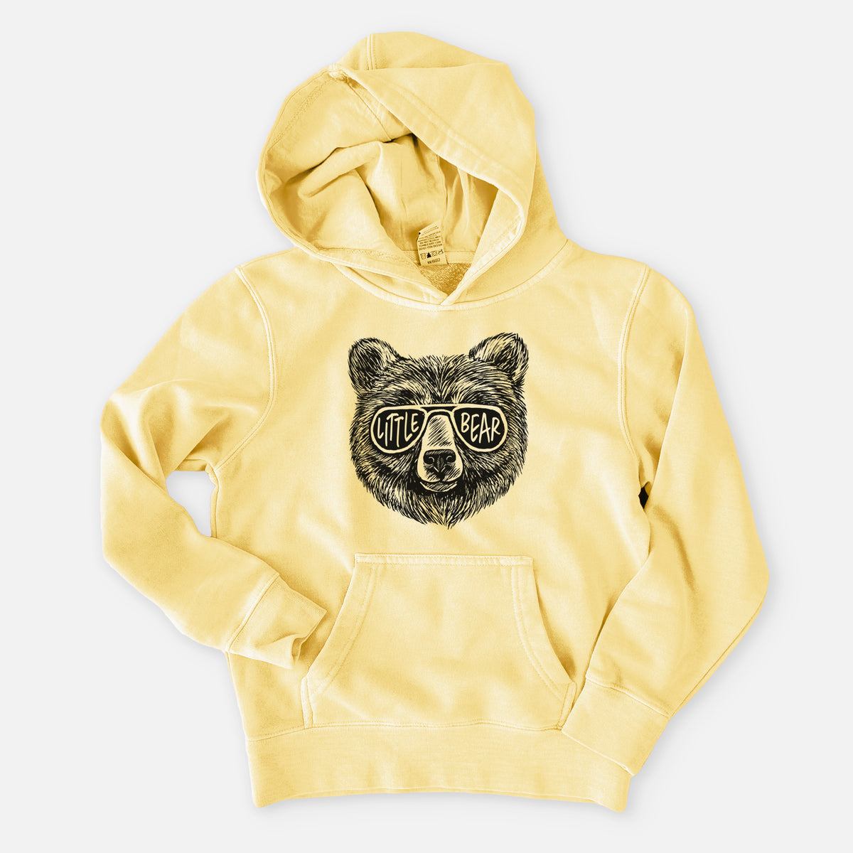 Pigment yellow youth pigment dyed hoodie laid flat, printed with a black ink bear's face wearing sunglasses that read Little Bear.