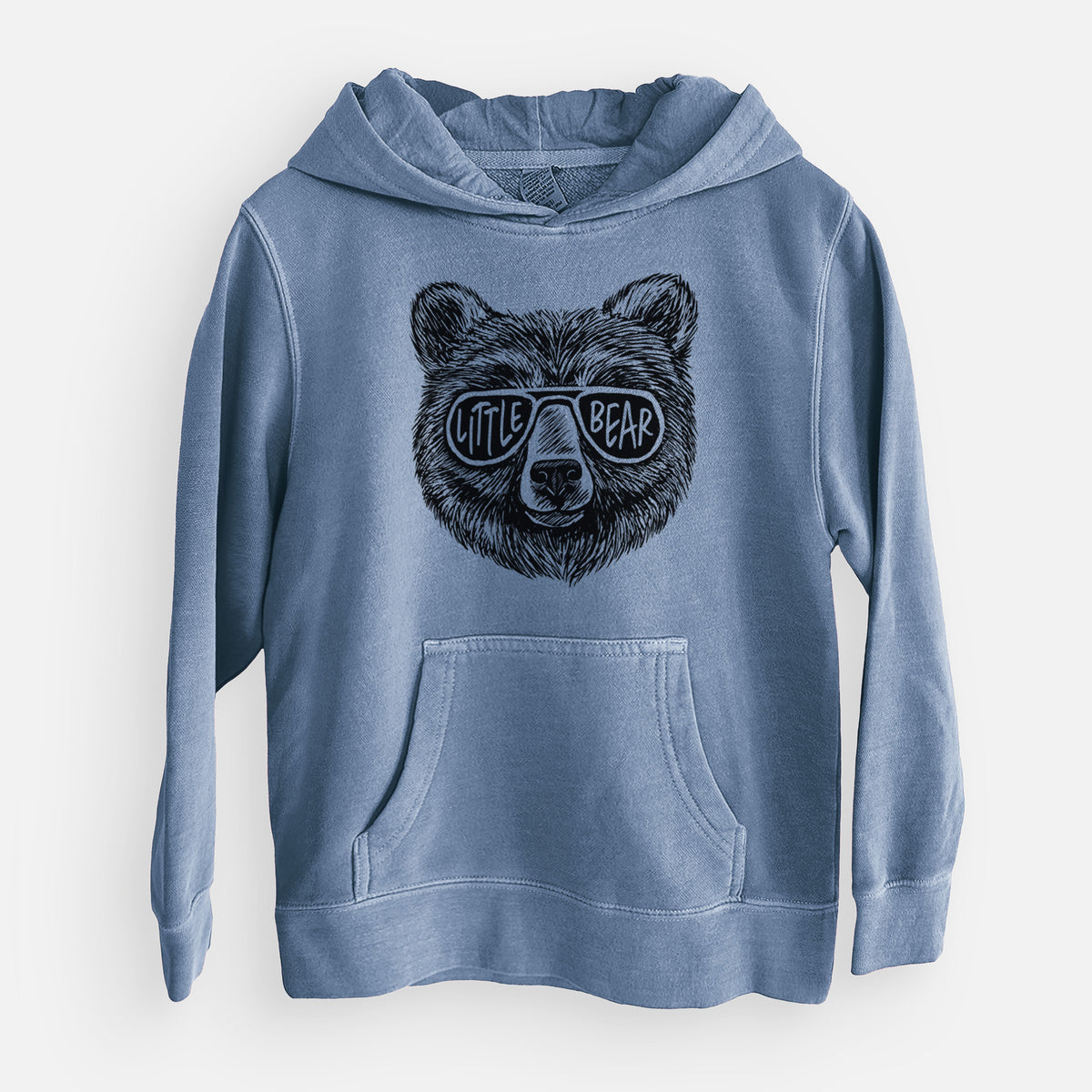 Slate blue youth pigment dyed hoodie laid flat, printed with a black ink bear's face wearing sunglasses that read Little Bear.