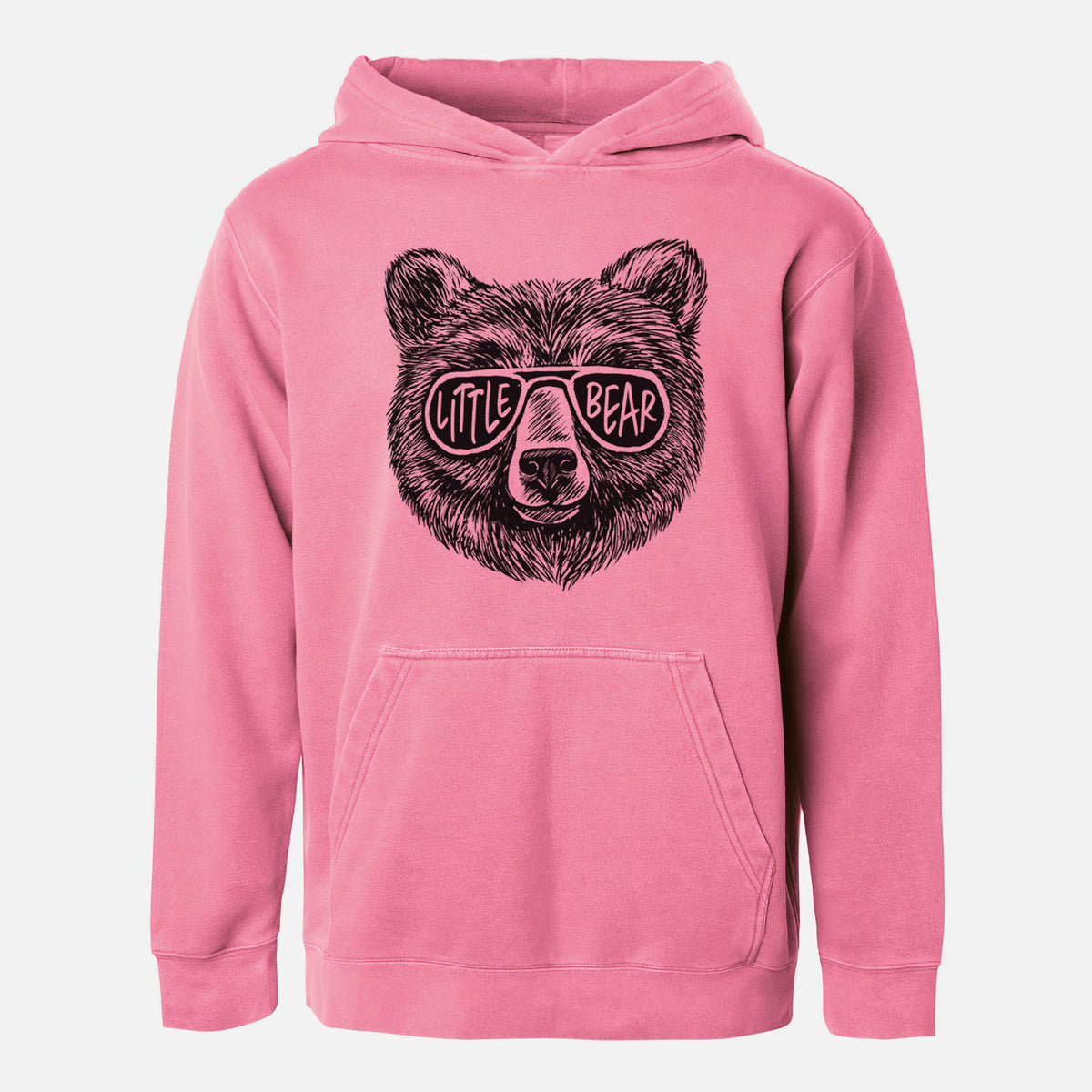Pigment pink youth pigment dyed hoodie laid flat, printed with a black ink bear's face wearing sunglasses that read Little Bear.
