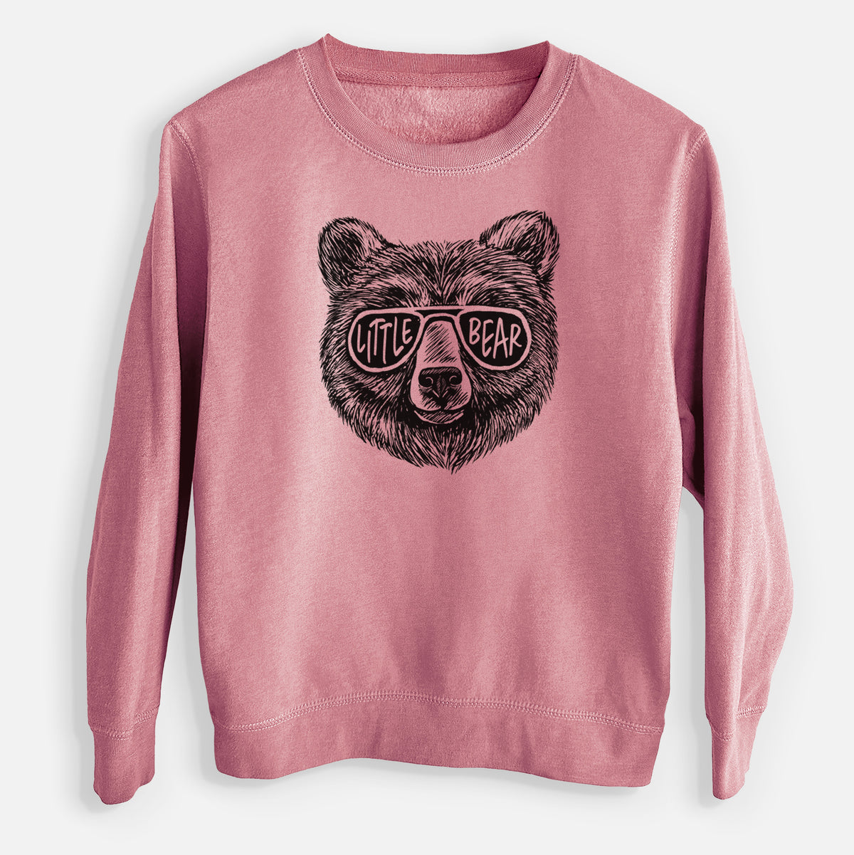 Mauve pink youth crewneck sweatshirt laid flat, printed with a black ink bear's face wearing sunglasses that read Little Bear.