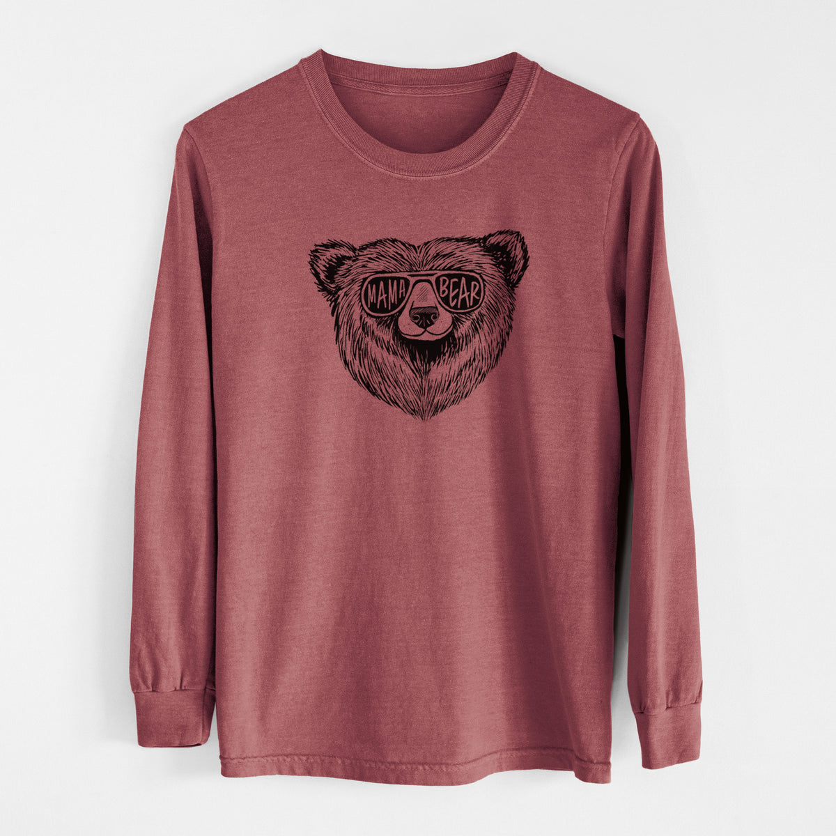 Brick red Comfort Colors long sleeve shirt laid flat, printed with a black ink bear's face wearing sunglasses that read Mama Bear.