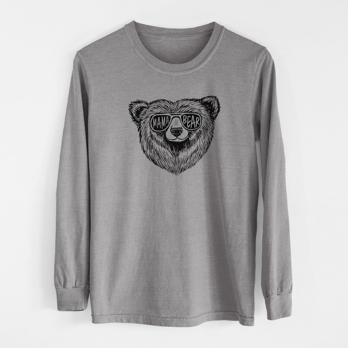 Grey Comfort Colors long sleeve shirt laid flat, printed with a black ink bear's face wearing sunglasses that read Mama Bear.