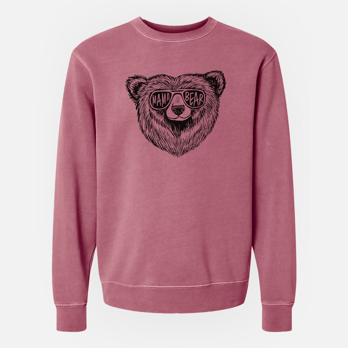 Maroon pigment dyed crewneck sweatshirt laid flat, printed with a black ink bear's face wearing sunglasses that read Mama Bear.