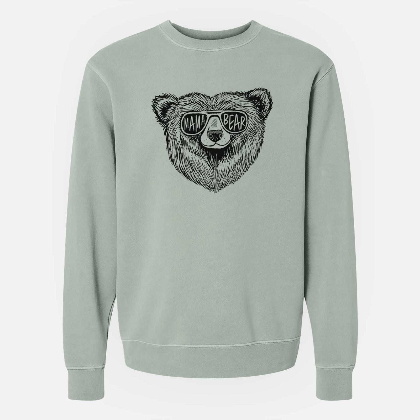 Sage green pigment dyed crewneck sweatshirt laid flat, printed with a black ink bear's face wearing sunglasses that read Mama Bear.