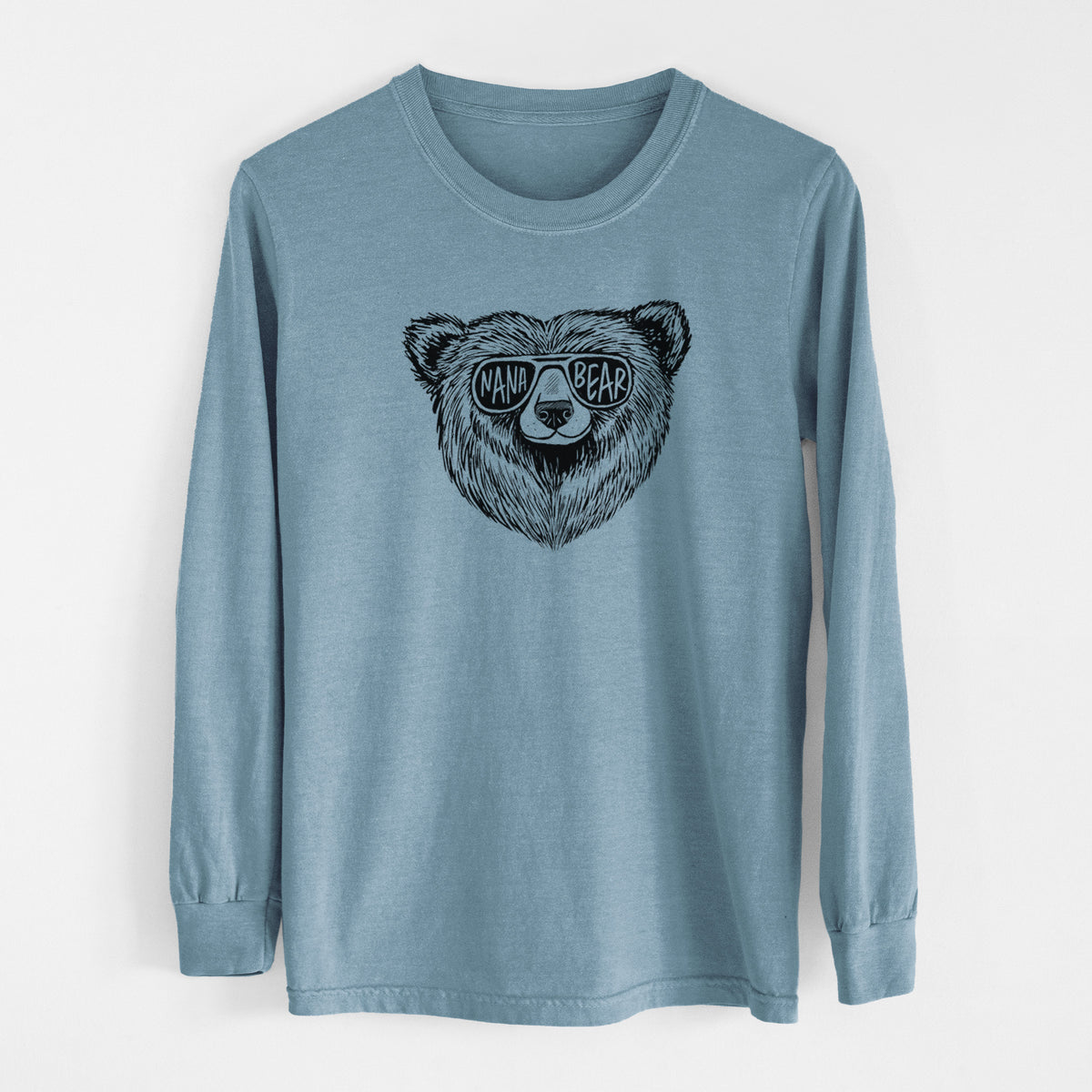 Steel blue Comfort Colors long sleeve shirt laid flat, printed with a black ink bear's face wearing sunglasses that read Nana Bear.