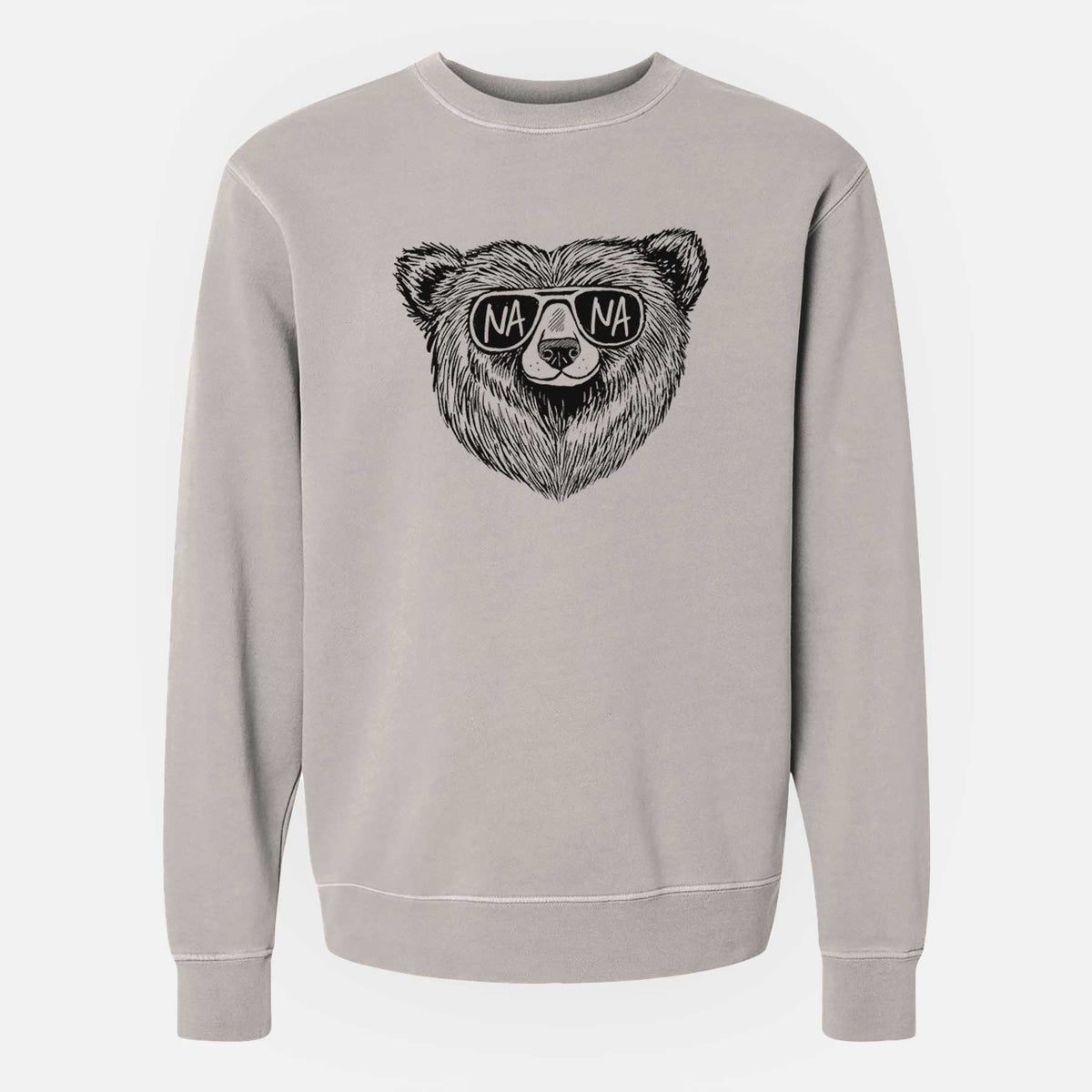 Cement grey pigment dyed crewneck sweatshirt laid flat, printed with a black ink bear's face wearing sunglasses that read Nana.