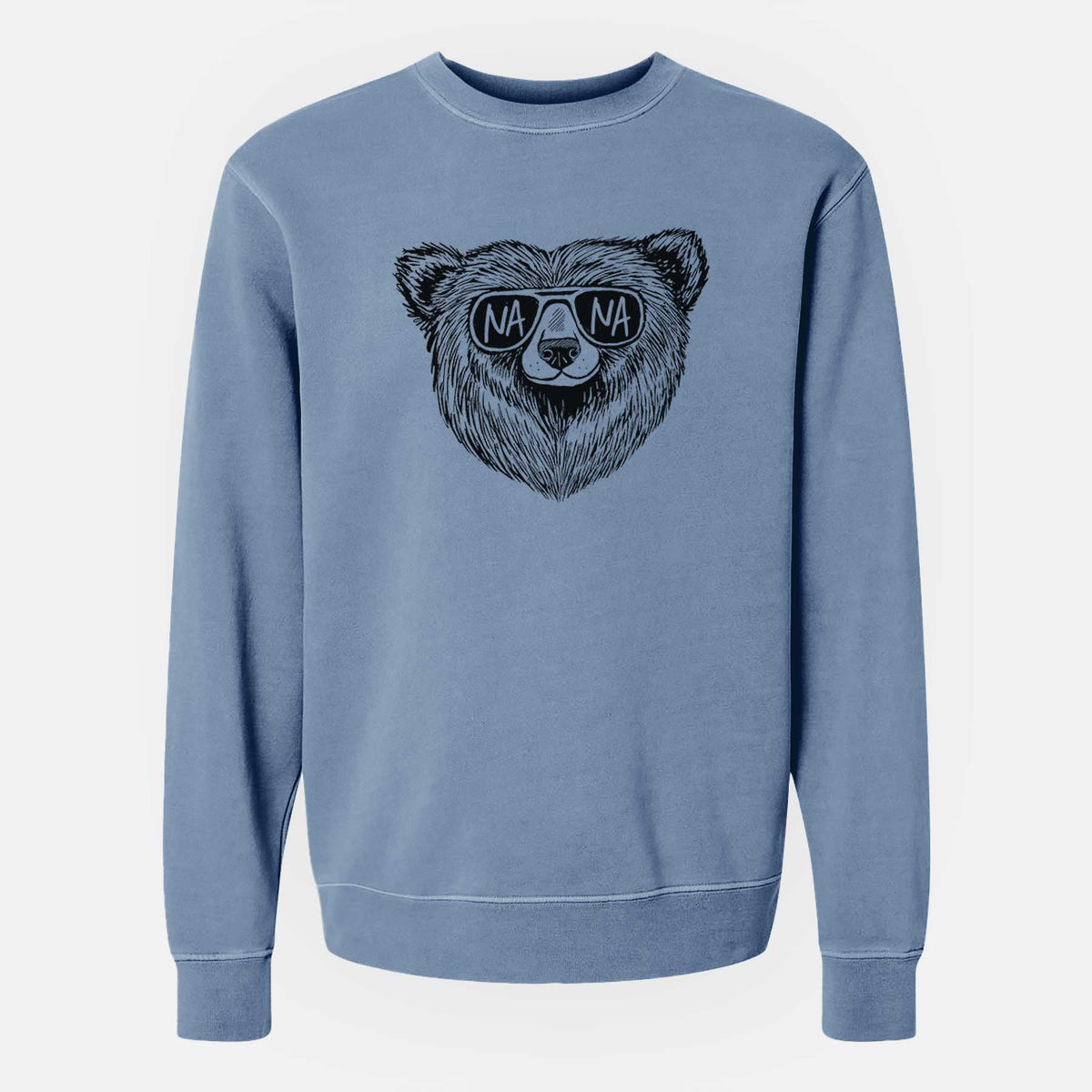 Slate blue pigment dyed crewneck sweatshirt laid flat, printed with a black ink bear's face wearing sunglasses that read Nana.