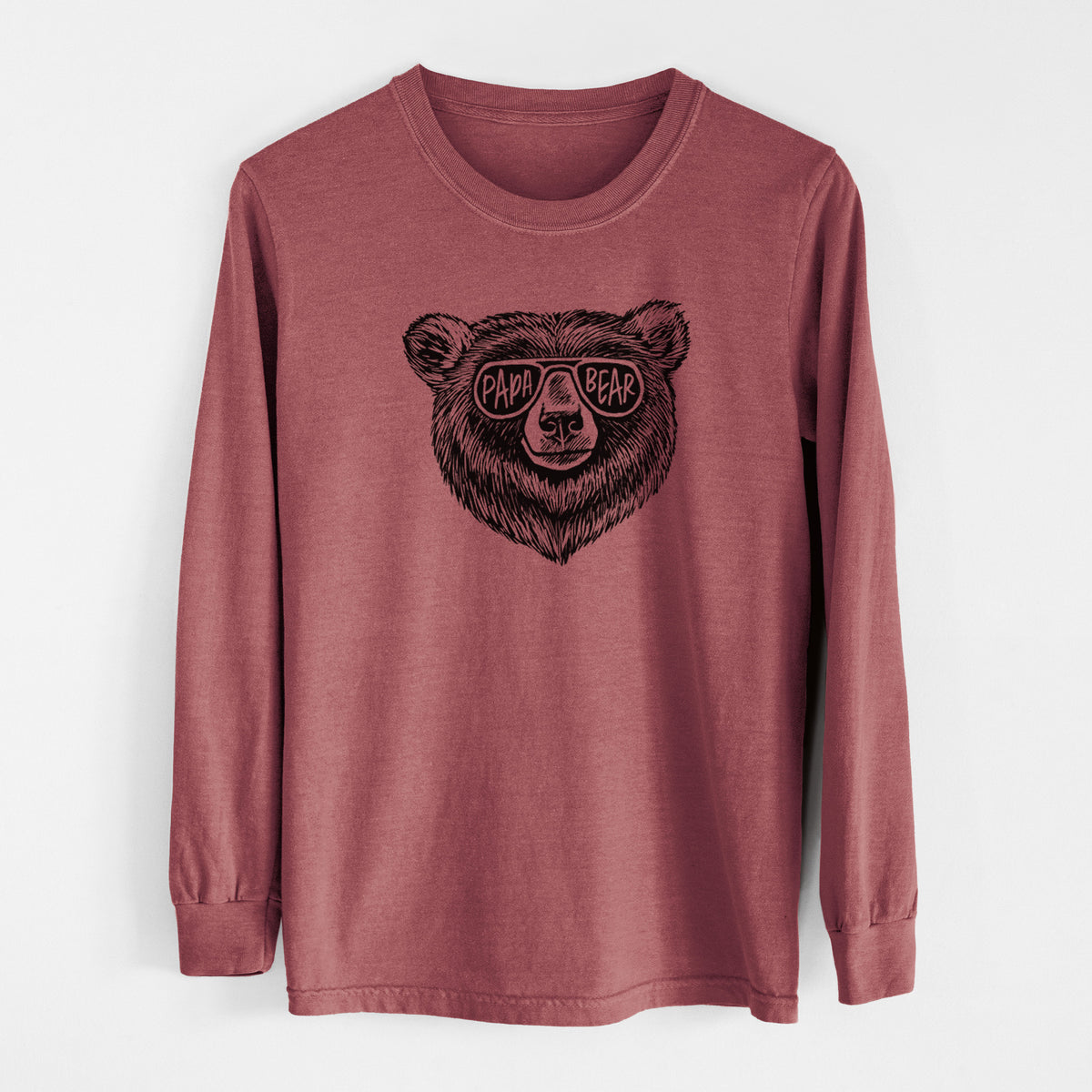 Brick red Comfort Colors long sleeve shirt laid flat, printed with a black ink bear's face wearing sunglasses that read Papa Bear.