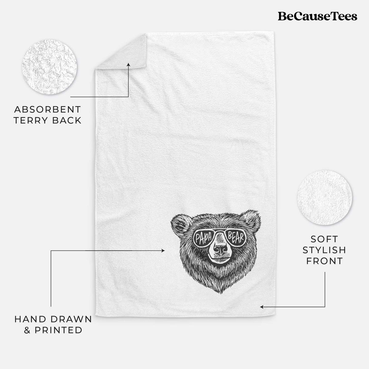 White hand towel printed with a black ink bear's face wearing sunglasses that read Papa Bear.