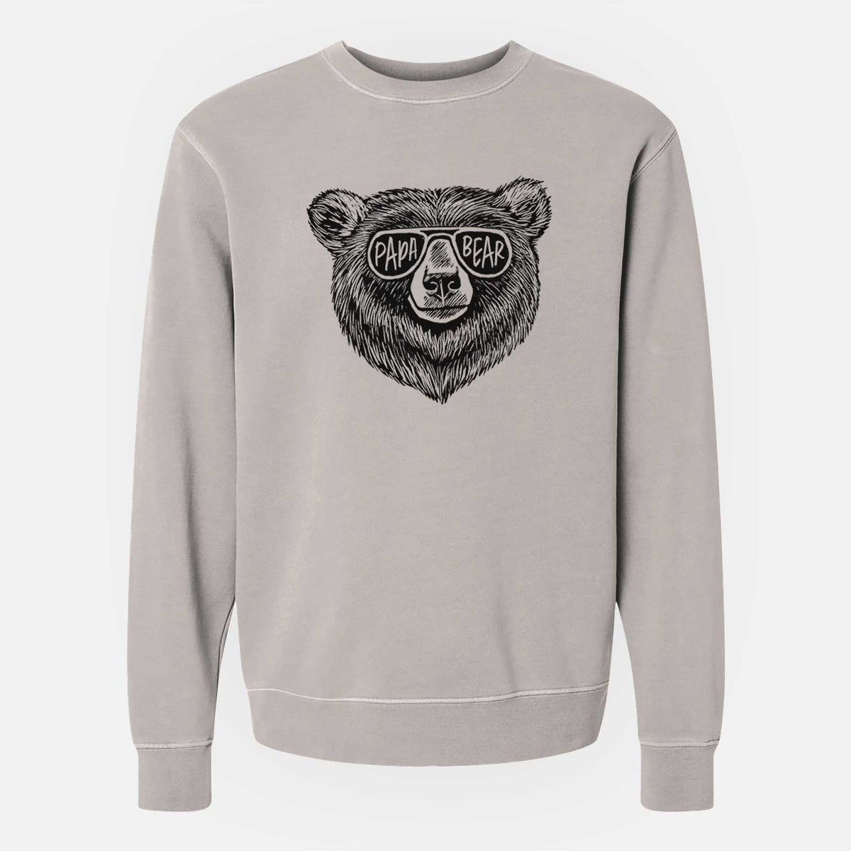 Cement grey pigment dyed crewneck sweatshirt laid flat, printed with a black ink bear's face wearing sunglasses that read Papa Bear.