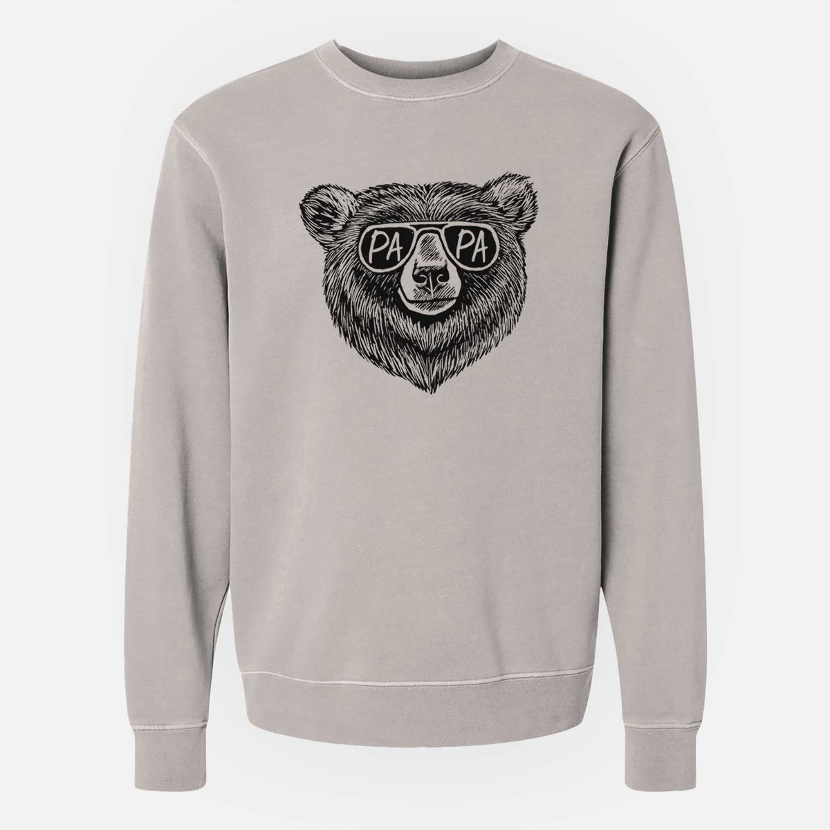Cement grey pigment dyed crewneck sweatshirt laid flat, printed with a black ink bear's face wearing sunglasses that read Papa.