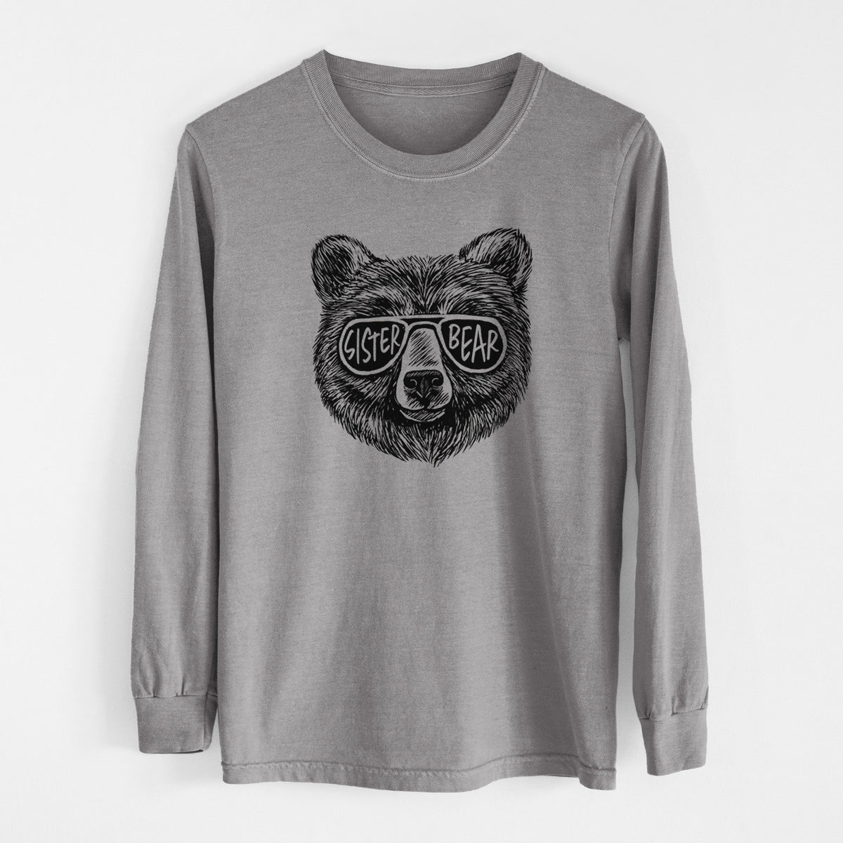 Grey Comfort Colors long sleeve shirt laid flat, printed with a black ink bear's face wearing sunglasses that read Sister Bear.