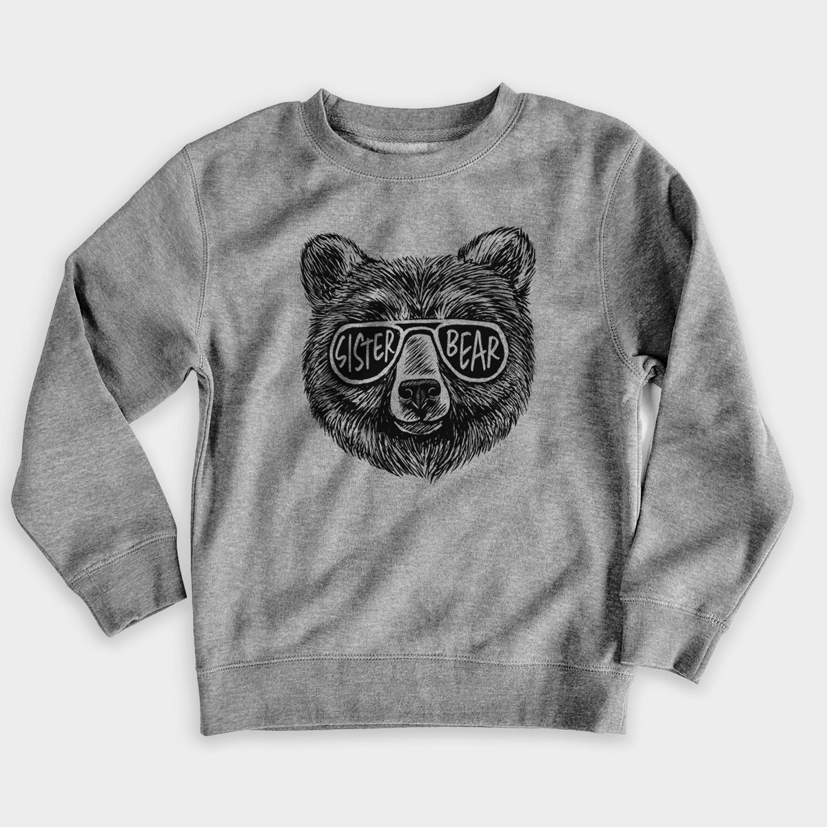 Nickel grey youth crewneck sweatshirt laid flat, printed with a black ink bear's face wearing sunglasses that read Sister Bear.