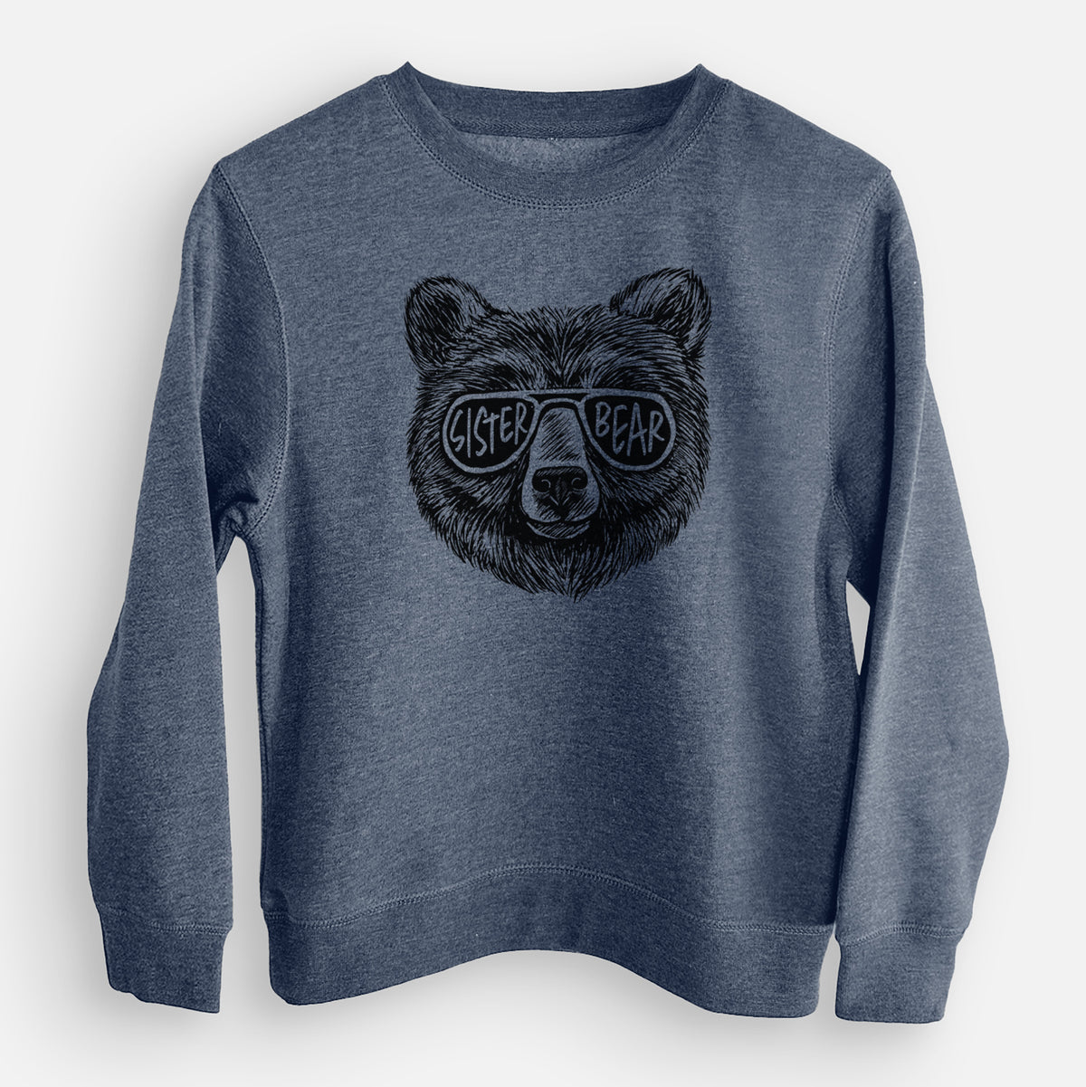 Storm blue youth crewneck sweatshirt laid flat, printed with a black ink bear's face wearing sunglasses that read Sister Bear.