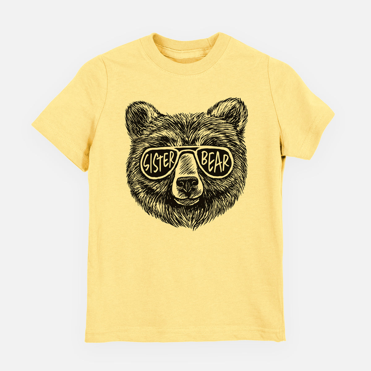 Butter yellow youth t-shirt laid flat, printed with a black ink bear's face wearing sunglasses that read Sister Bear.