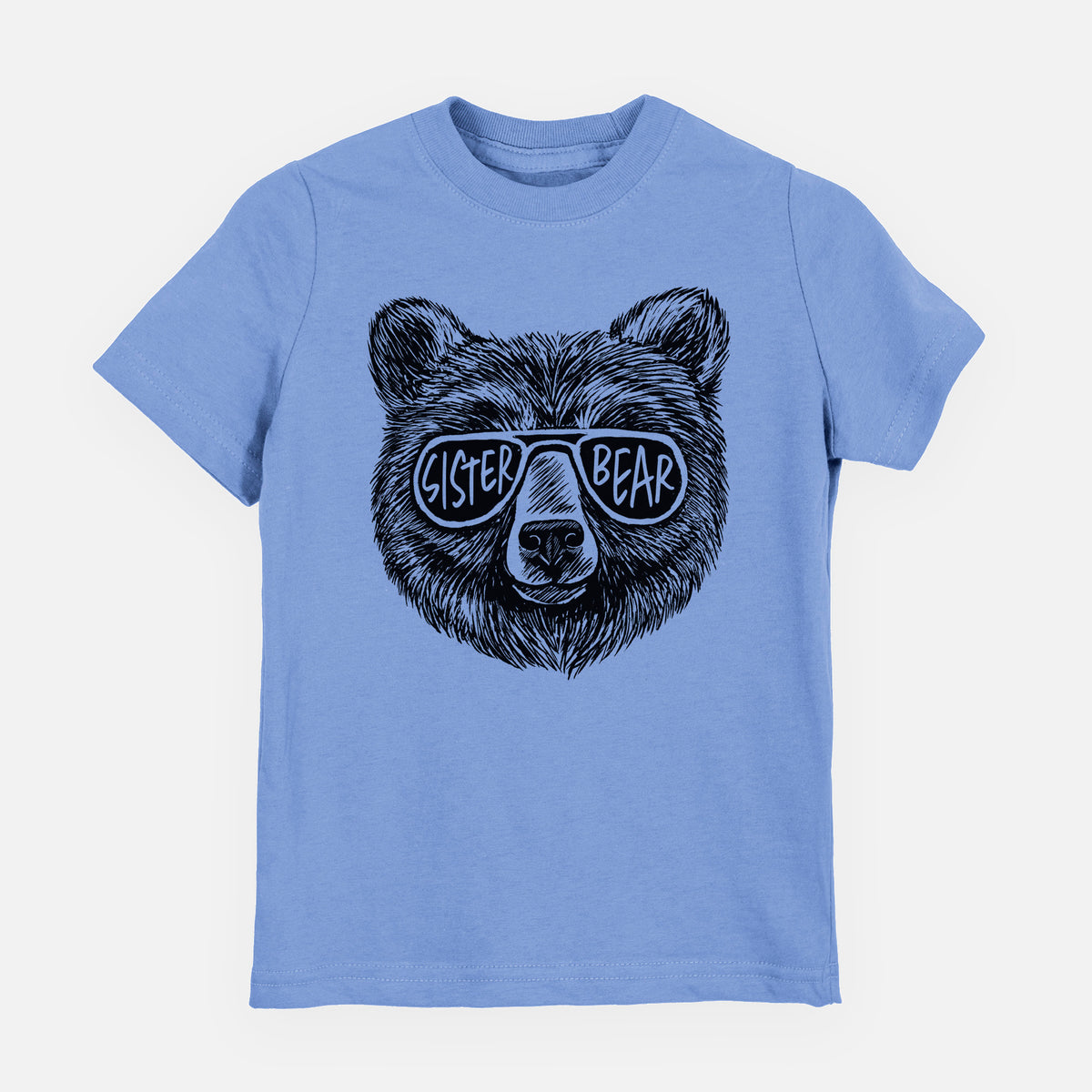 Carolina blue youth t-shirt laid flat, printed with a black ink bear's face wearing sunglasses that read Sister Bear.