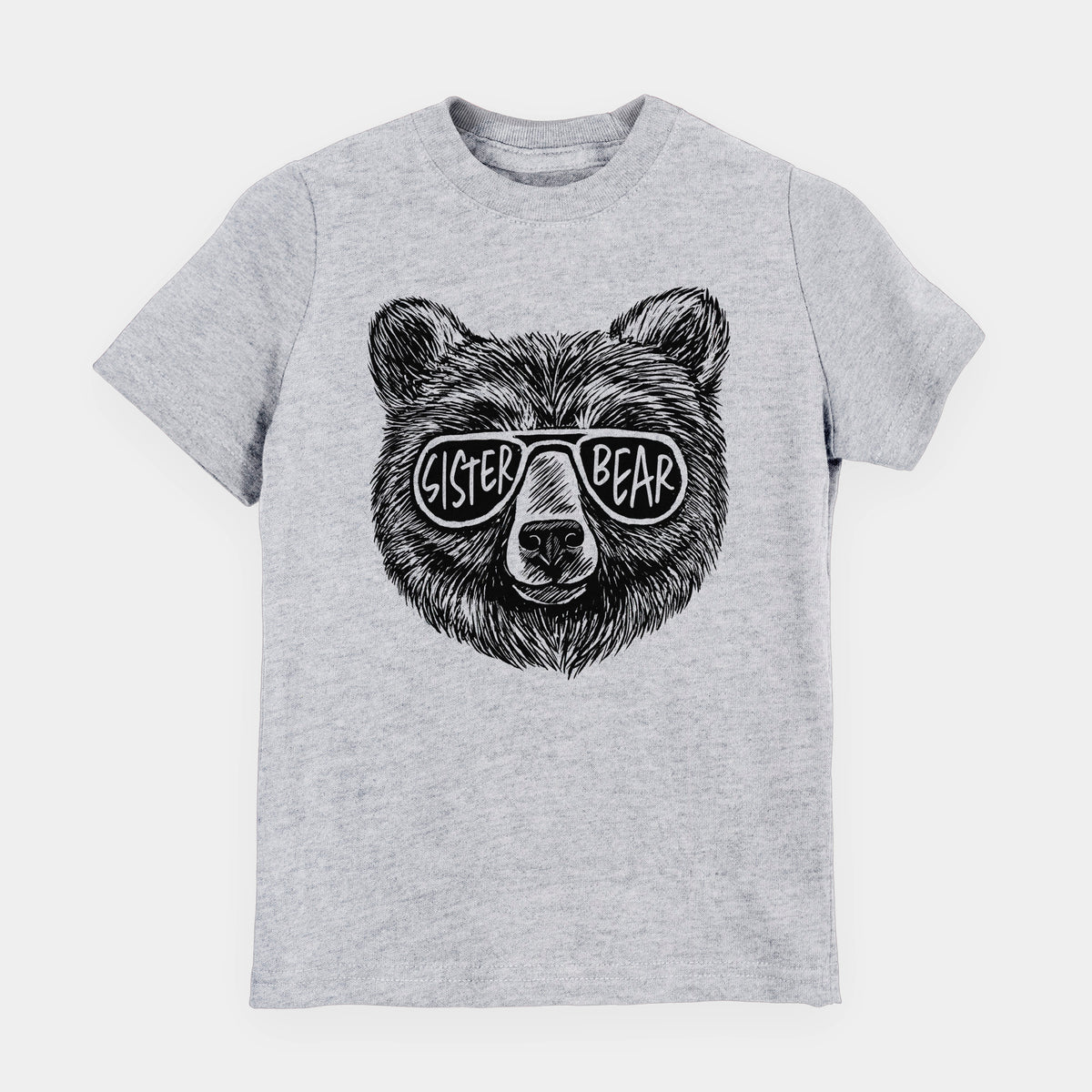 Heather grey youth t-shirt laid flat, printed with a black ink bear's face wearing sunglasses that read Sister Bear.